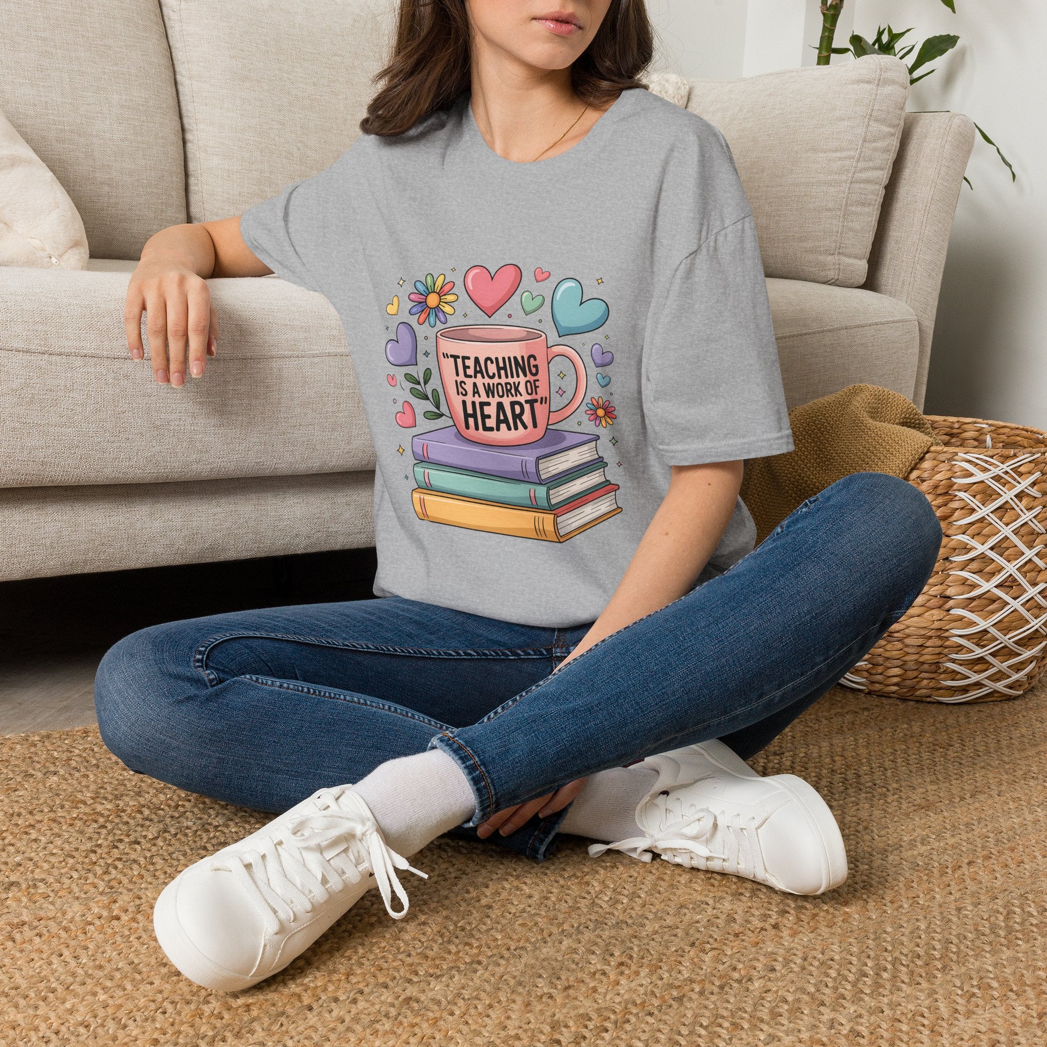 Teaching Is a Work of Heart T-Shirt | Teacher Mug and Books Design
