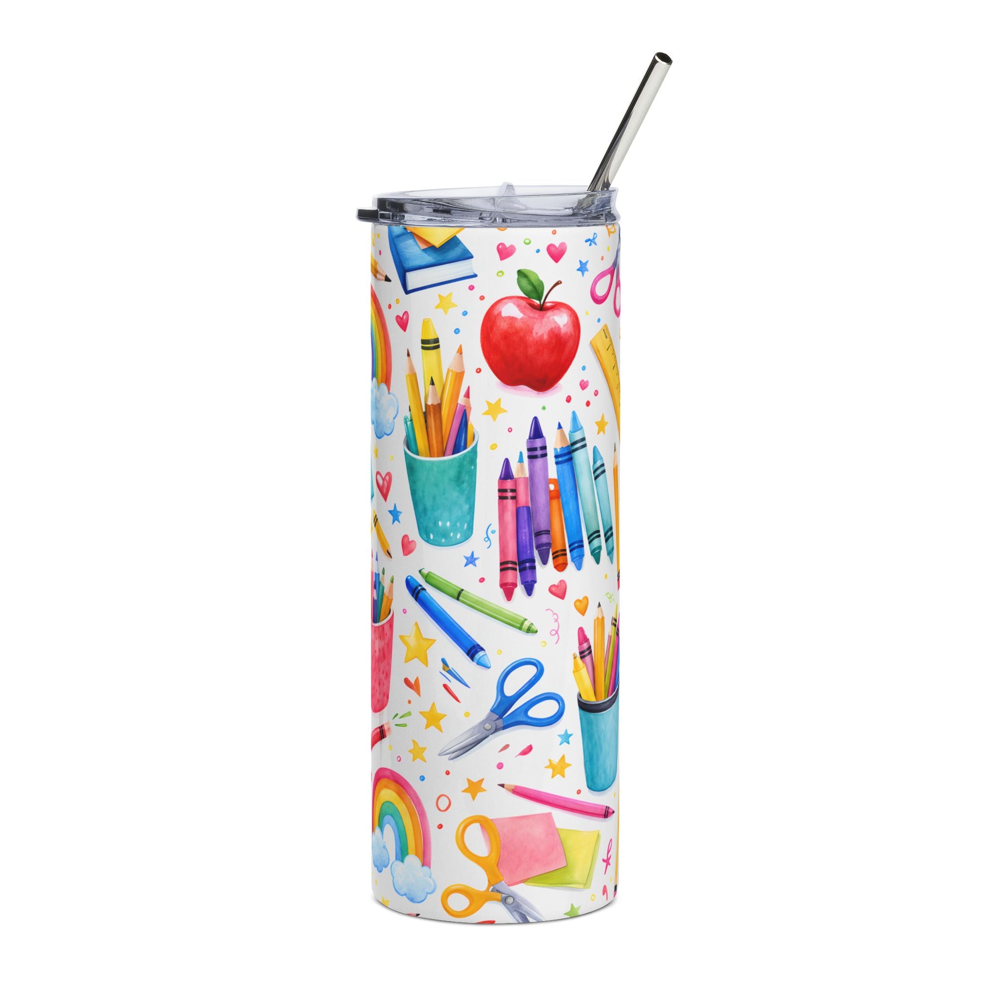 20oz Stainless Steel Tumbler — Colorful School Supplies Pattern (Crayons, Rainbows, Apple)