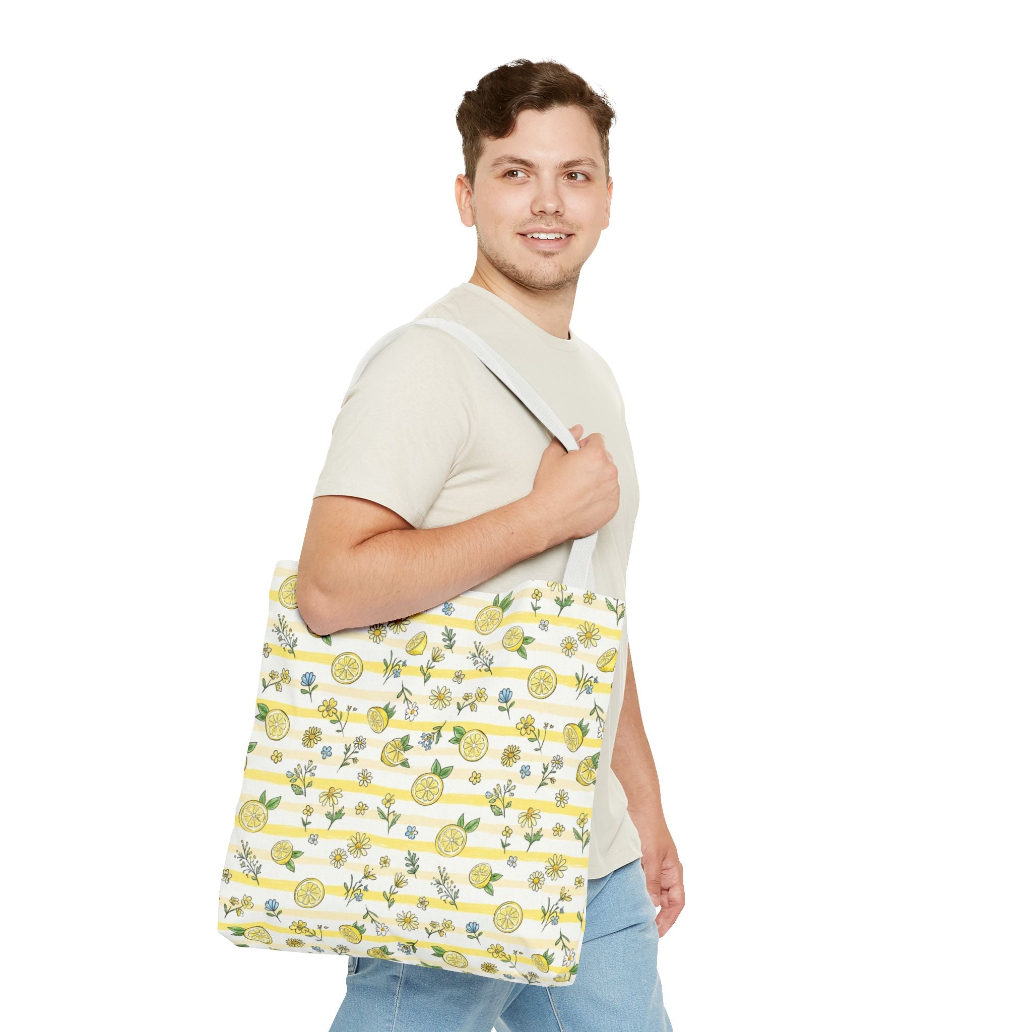 Lemon Stripe Pattern Tote Bag | Citrus Floral All-Over Print
