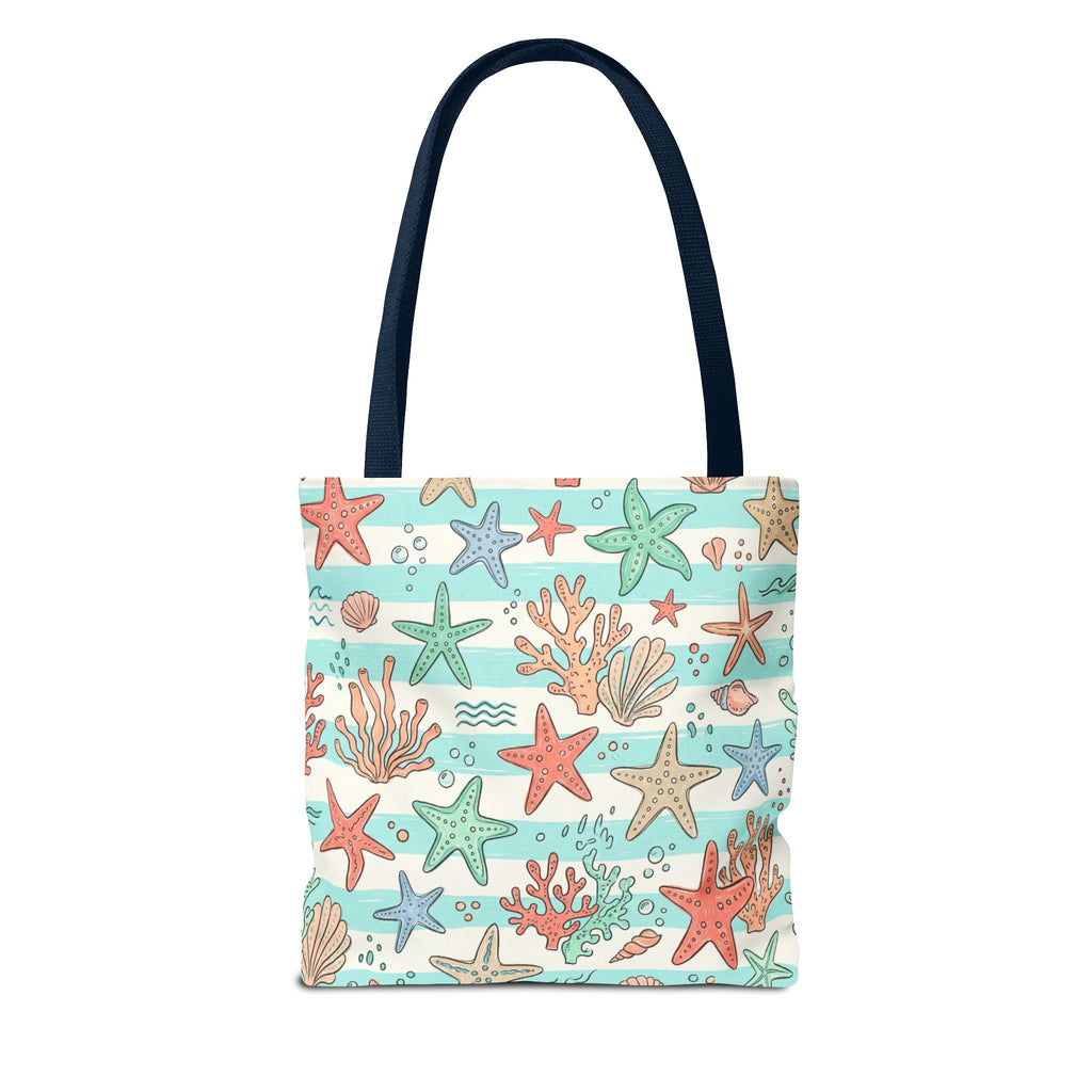 Starfish Coral Pattern Tote Bag | Beach Sea Life Striped Nautical Design