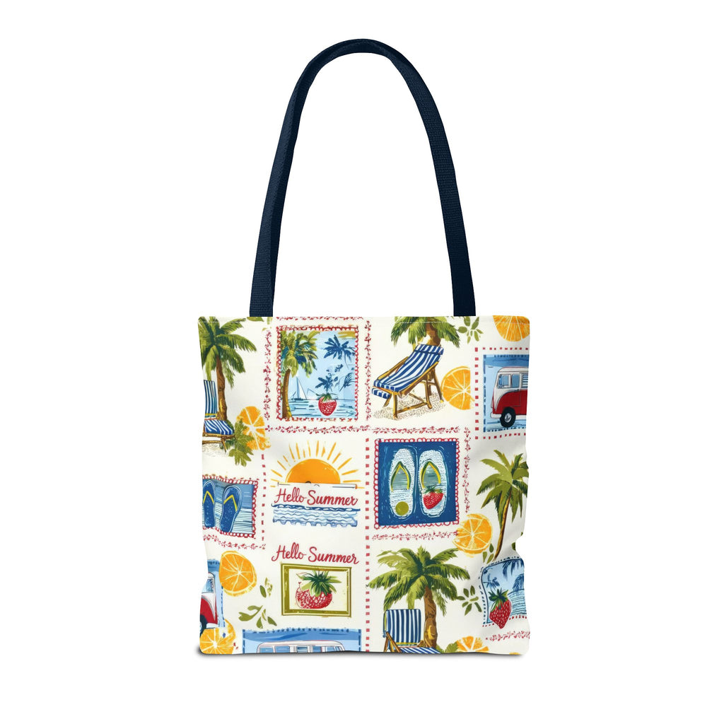 Hello Summer collage Tote Bag | beach palm trees flip flops camper van