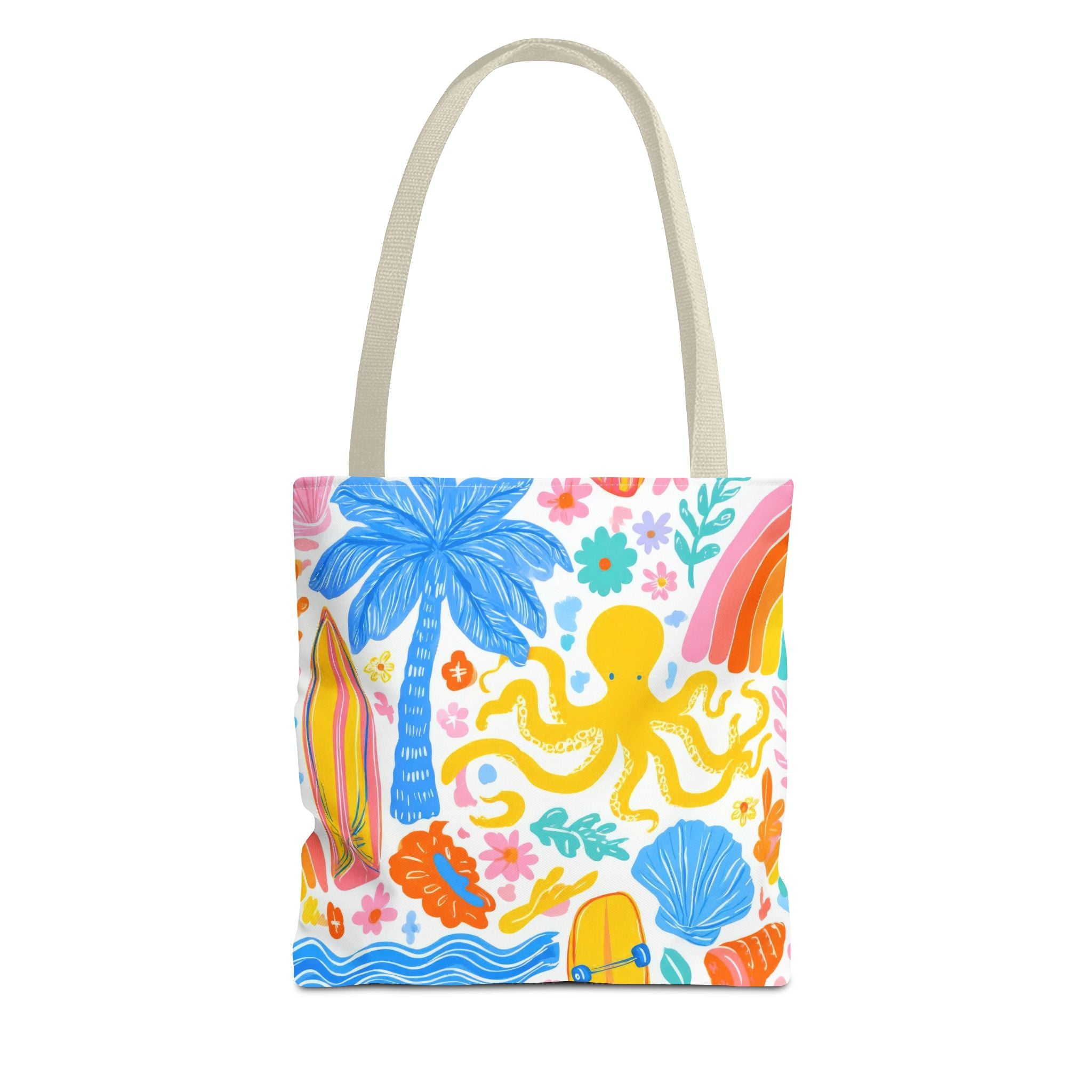 Colorful Beach Octopus Tote Bag | Tropical Palm, Surfboard, Rainbow Print