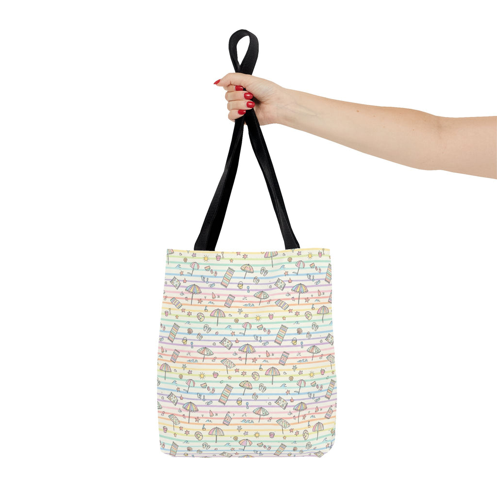 Pastel Beach Pattern Tote Bag | Seashells, Umbrellas, Flip Flops