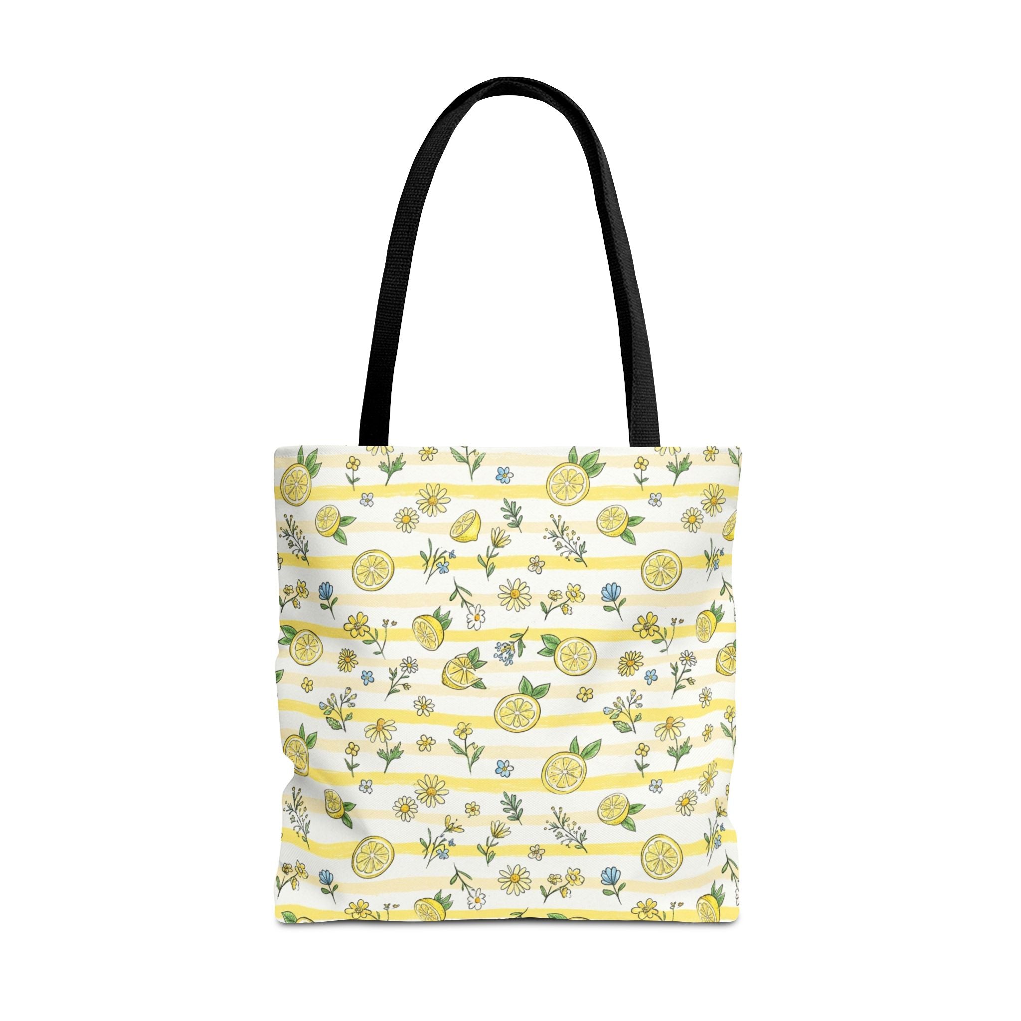 Lemon Stripe Pattern Tote Bag | Citrus Floral All-Over Print