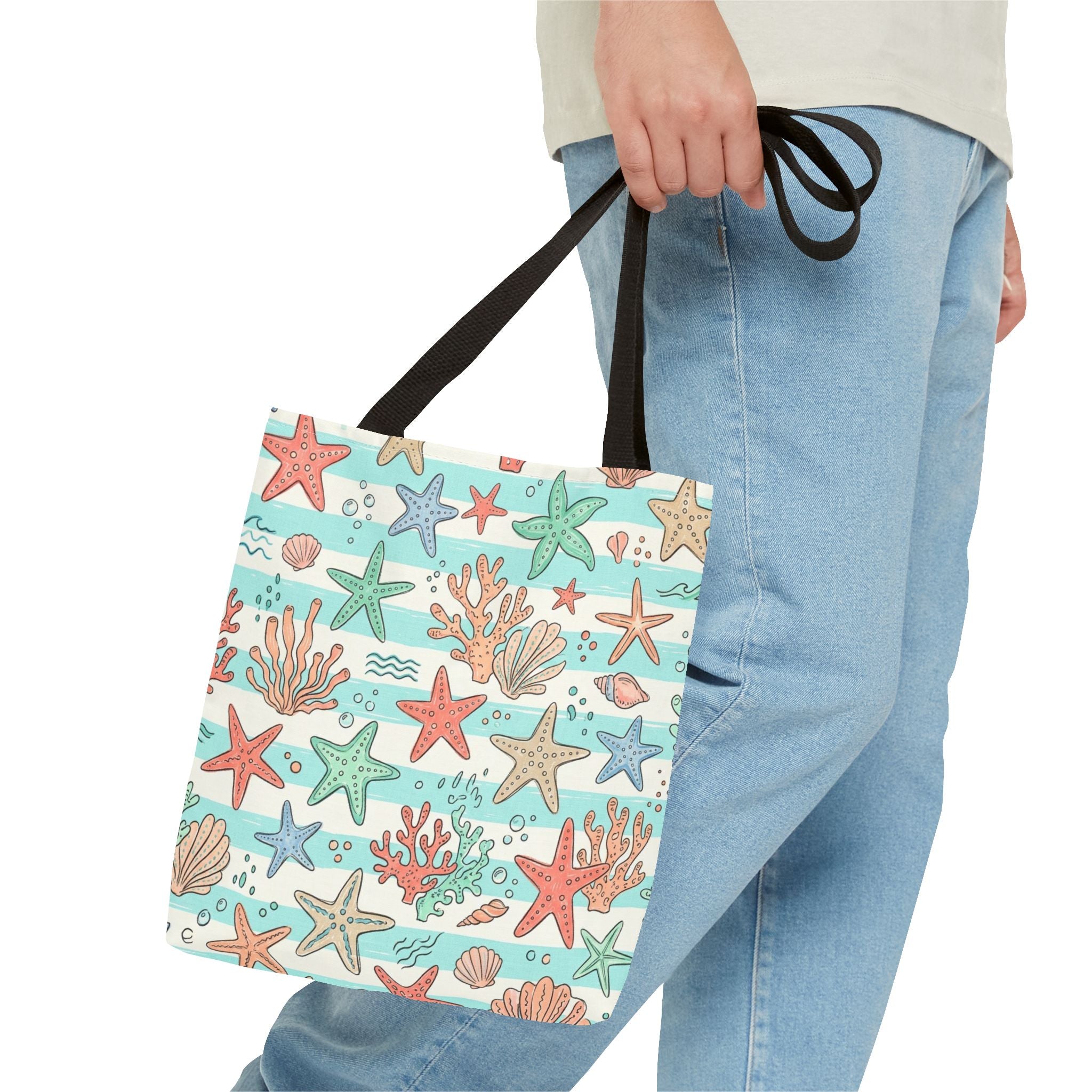 Starfish Coral Pattern Tote Bag | Beach Sea Life Striped Nautical Design