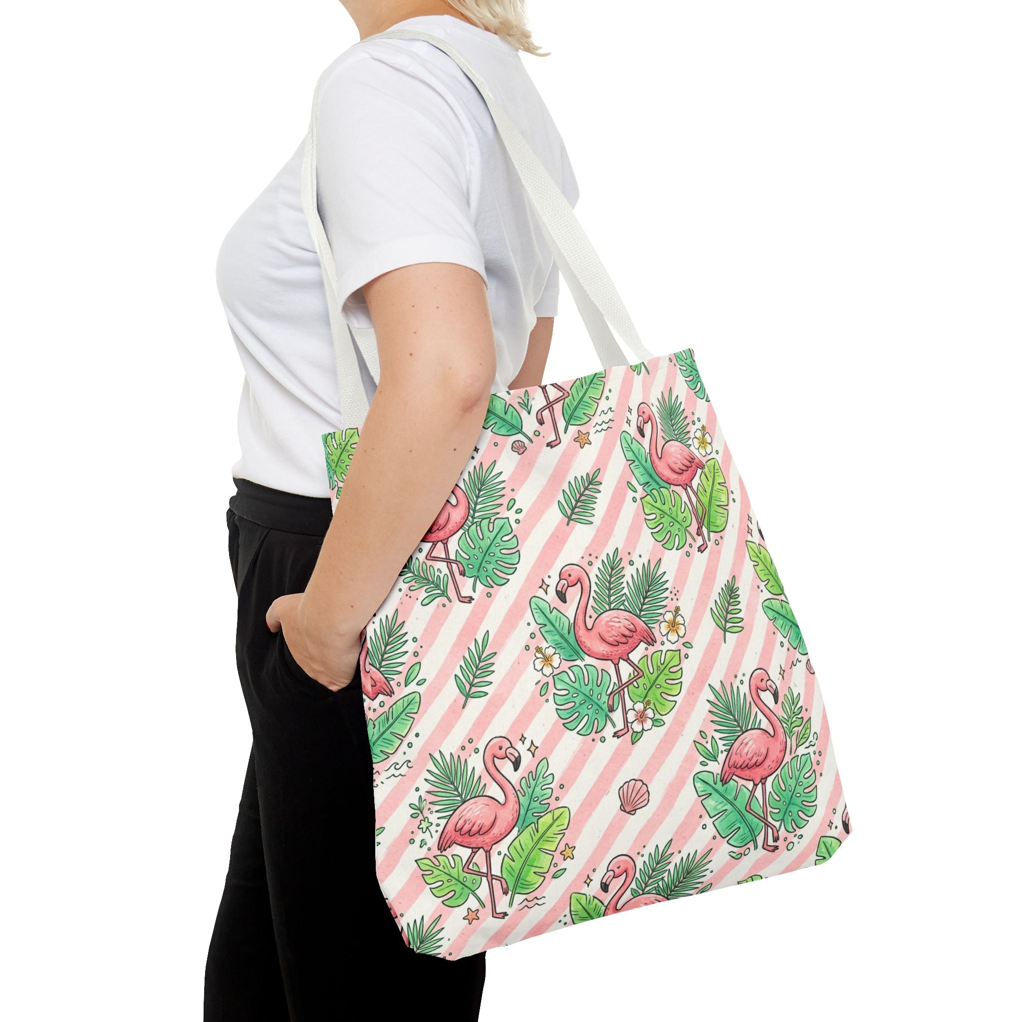Pink Flamingo Pattern Tote Bag | Tropical Leaves Striped All-Over Print