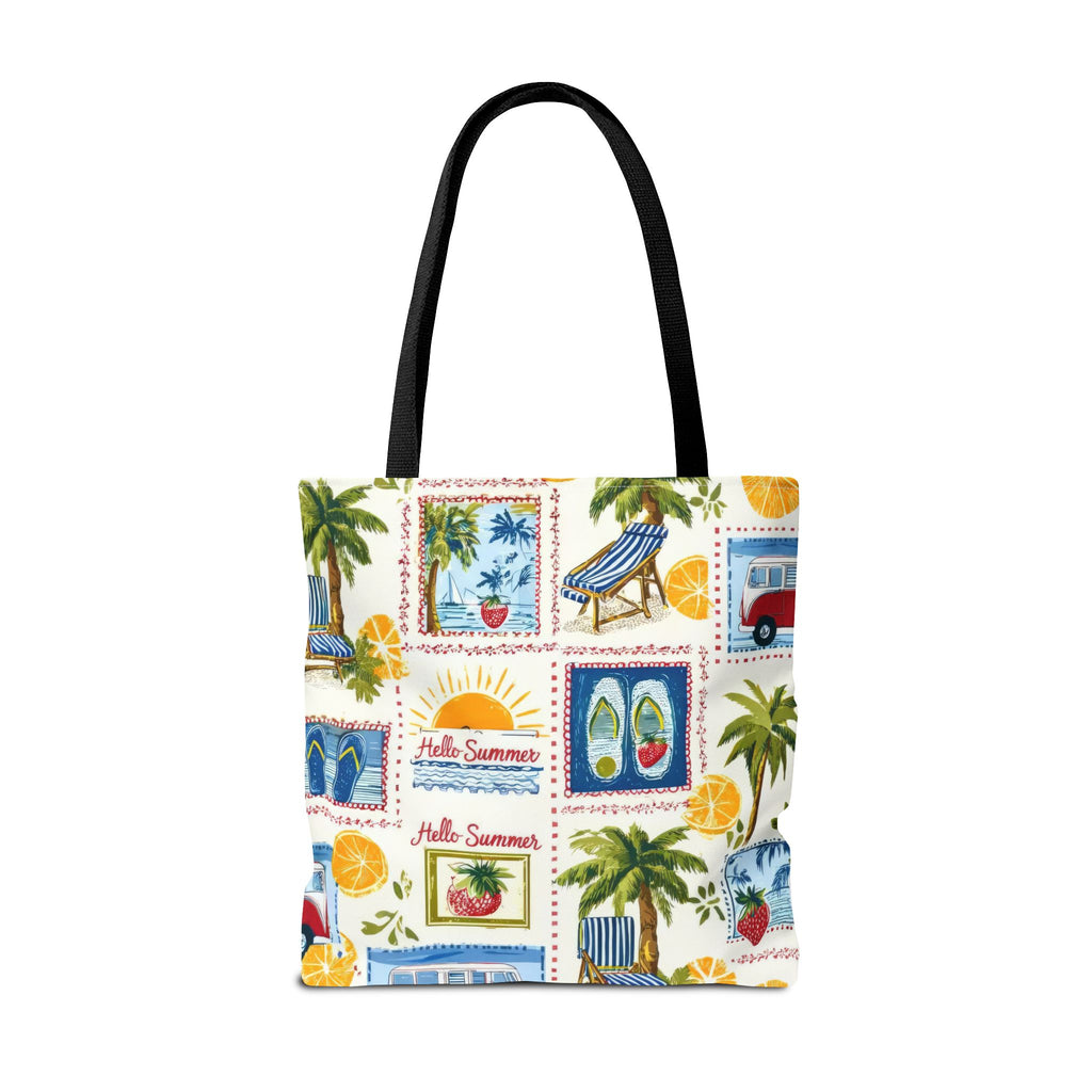 Hello Summer collage Tote Bag | beach palm trees flip flops camper van