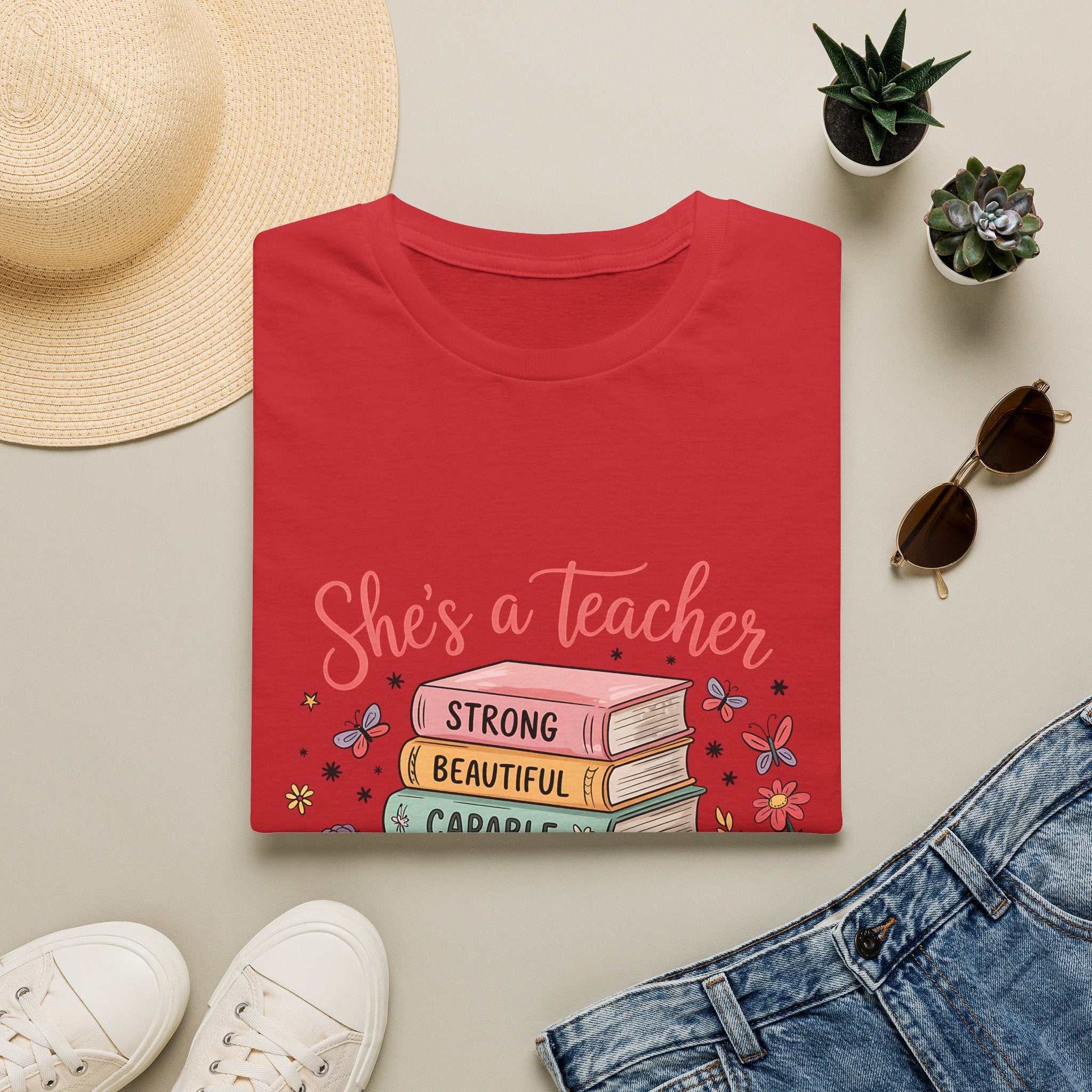 She's a Teacher stack of books floral design T-Shirt | teacher appreciation, inspirational quote