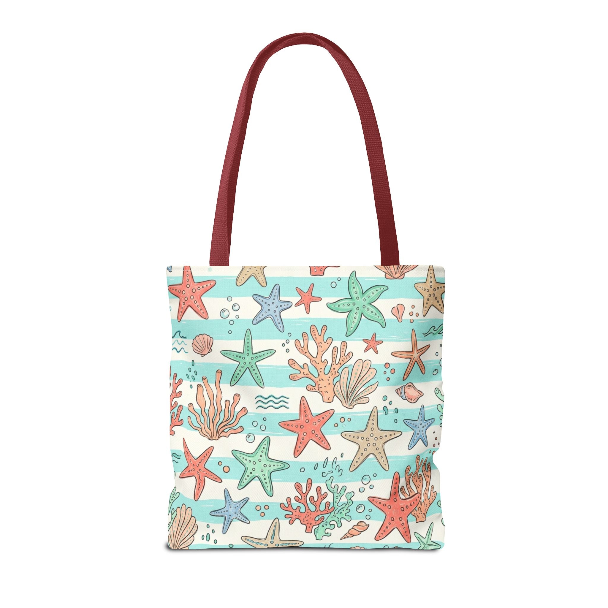 Starfish Coral Pattern Tote Bag | Beach Sea Life Striped Nautical Design