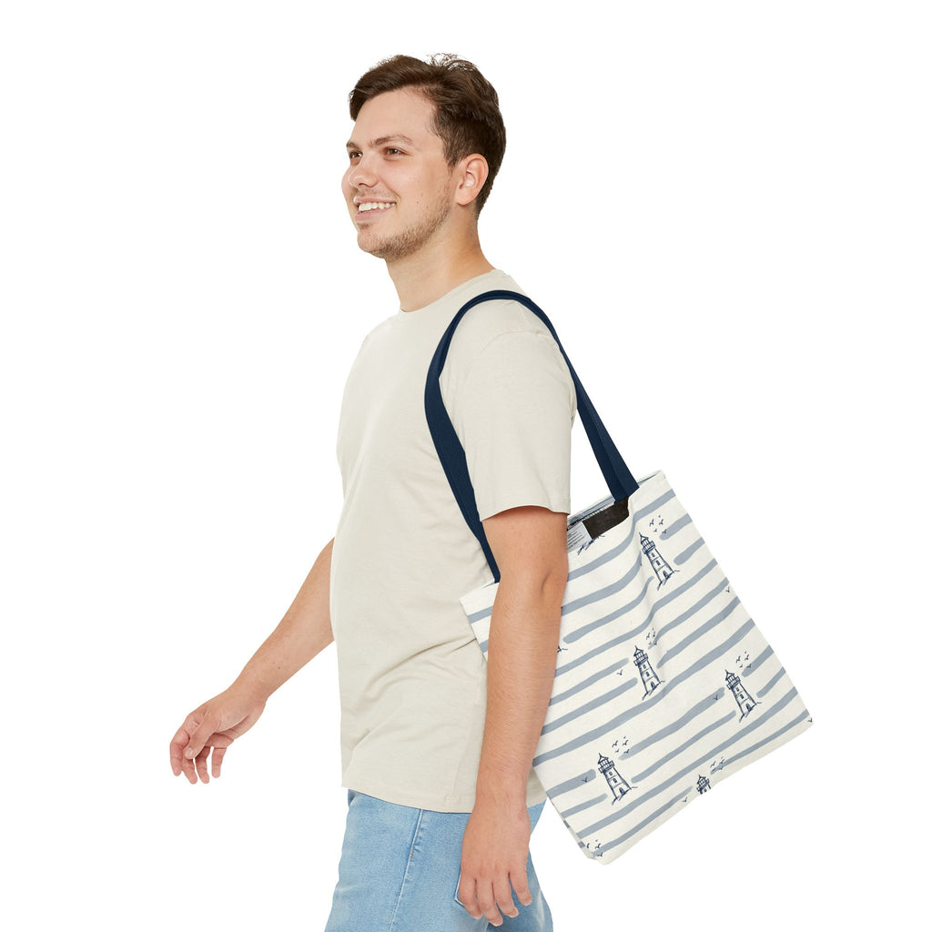 Nautical Lighthouse Pattern Tote Bag | Striped Coastal Beach Tote