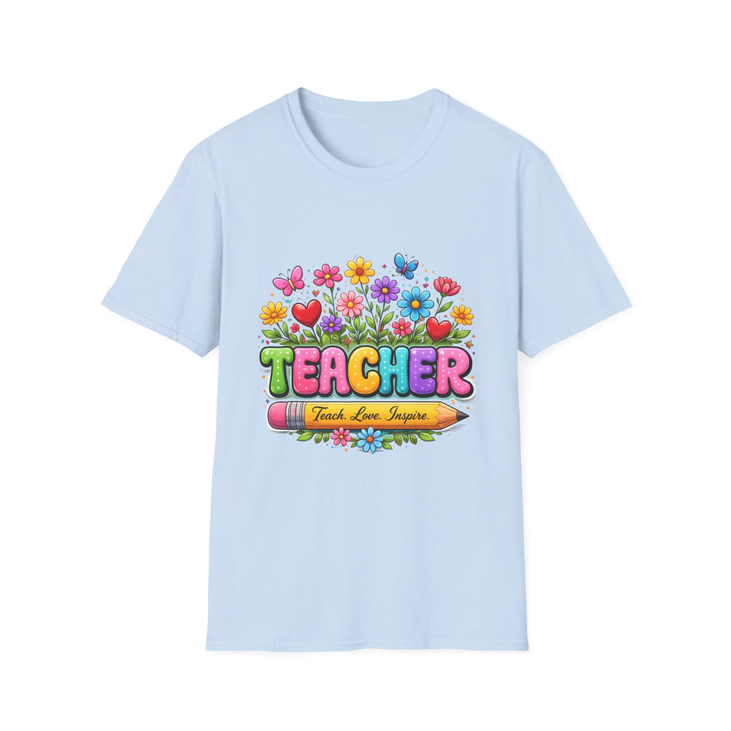 Teacher floral pencil design T-Shirt | Teach Love Inspire, colorful school shirt