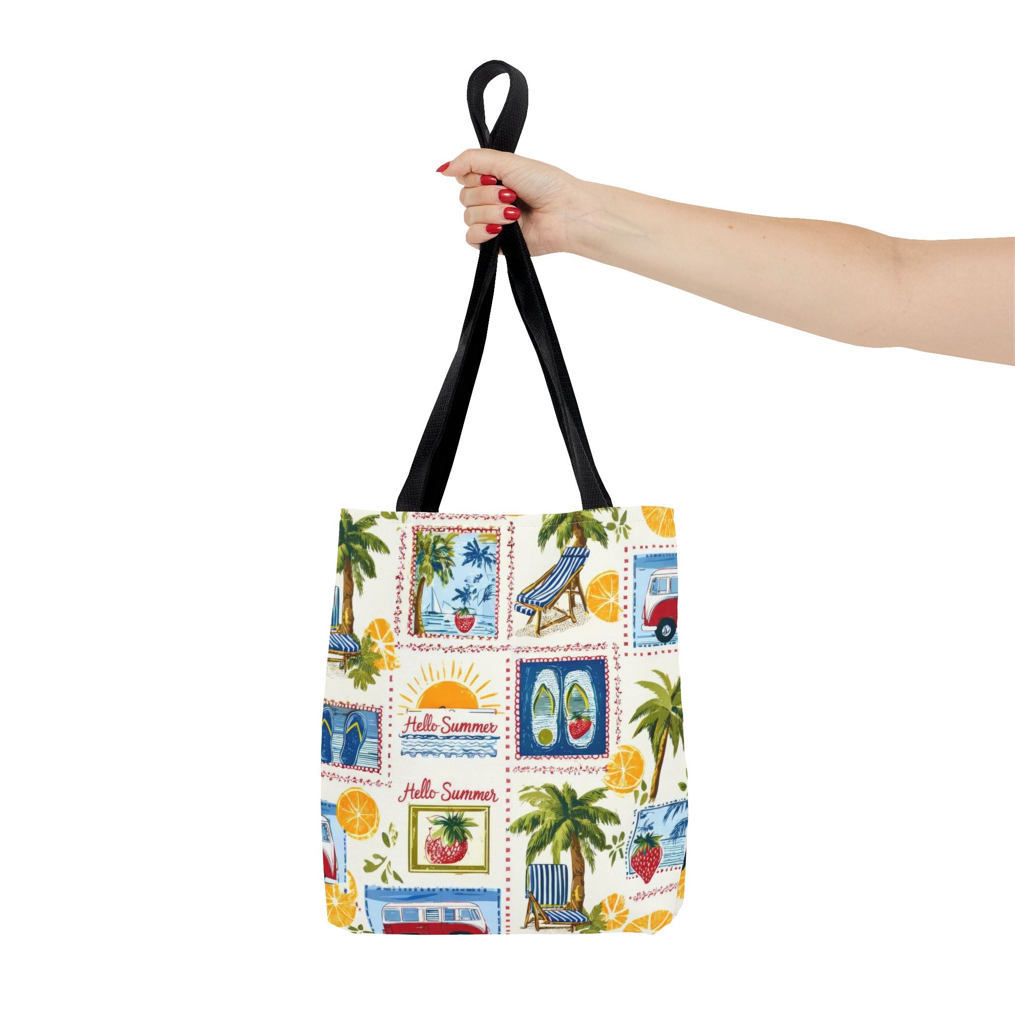 Hello Summer collage Tote Bag | beach palm trees flip flops camper van
