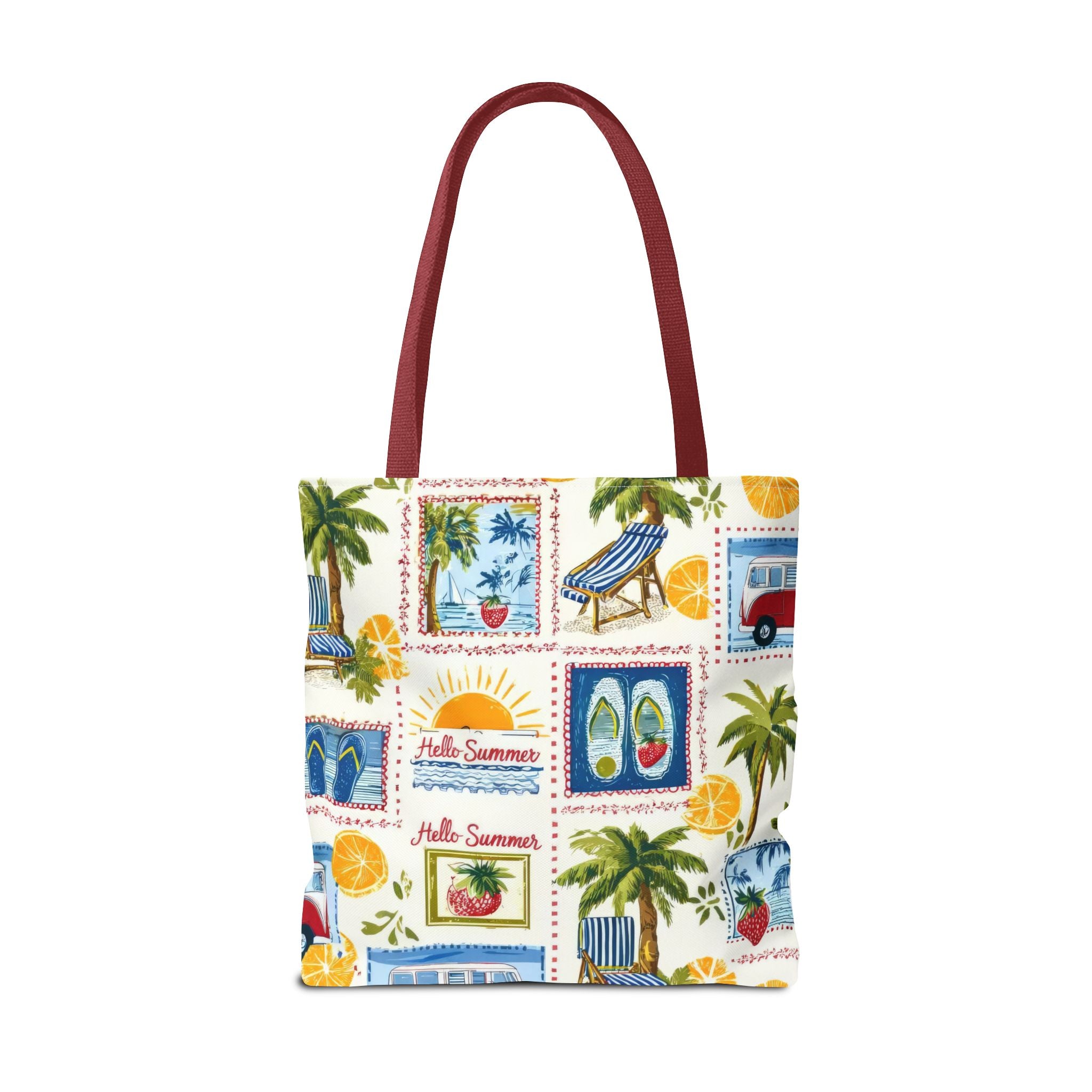 Hello Summer collage Tote Bag | beach palm trees flip flops camper van