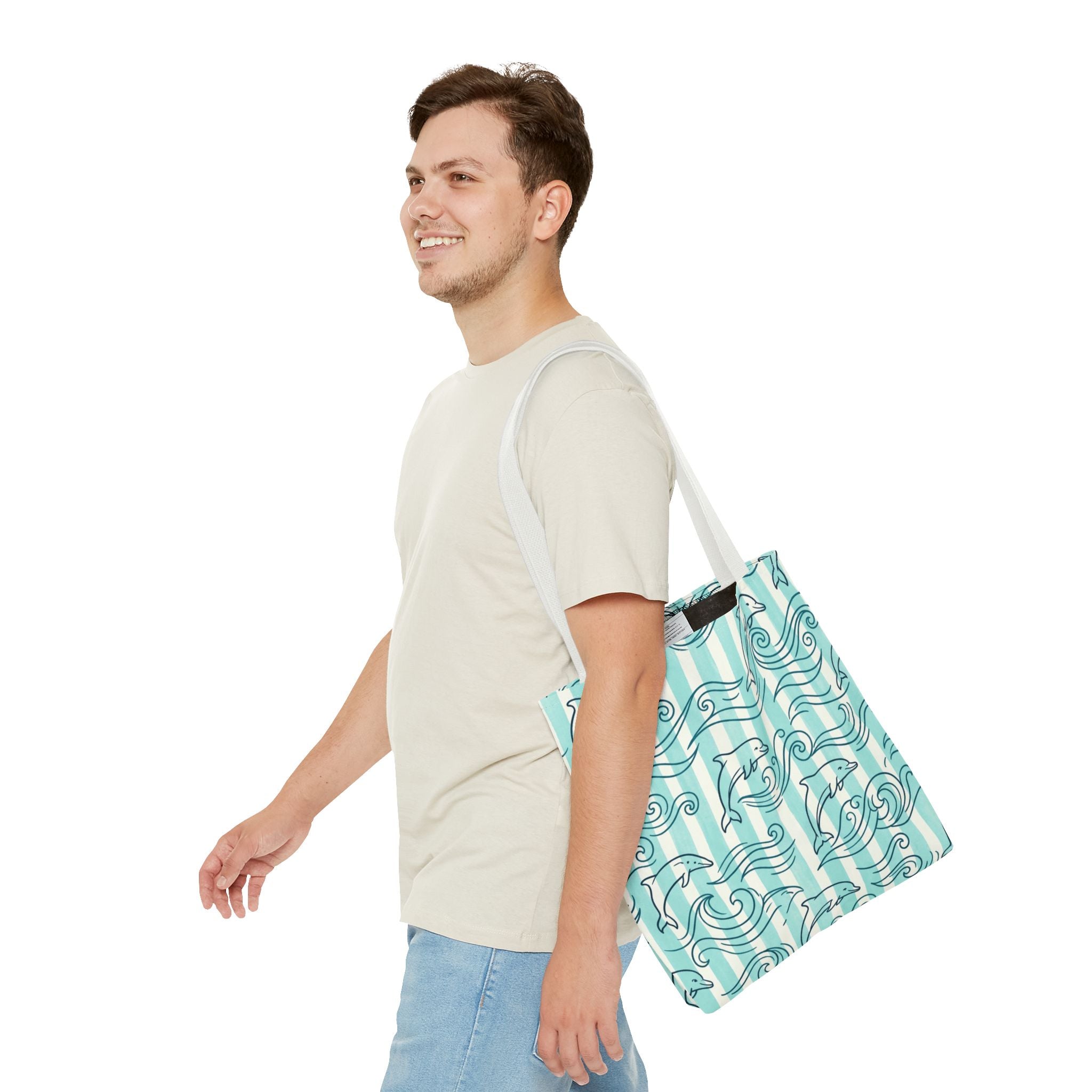 Dolphin Wave Pattern Tote Bag | Aqua Striped Ocean Design