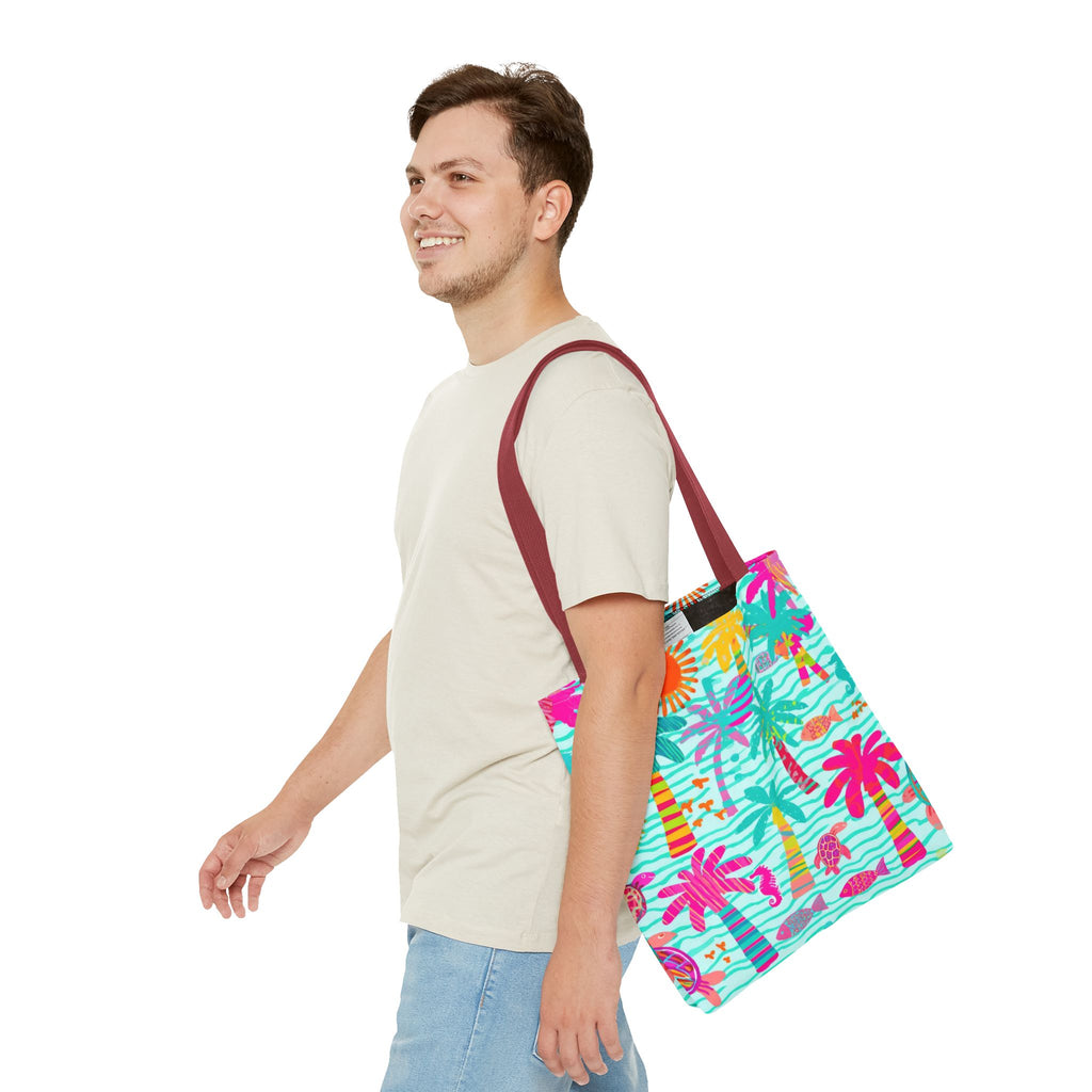Tropical Palm Pattern Tote Bag | Colorful Beach Palms Stripe All-Over Print