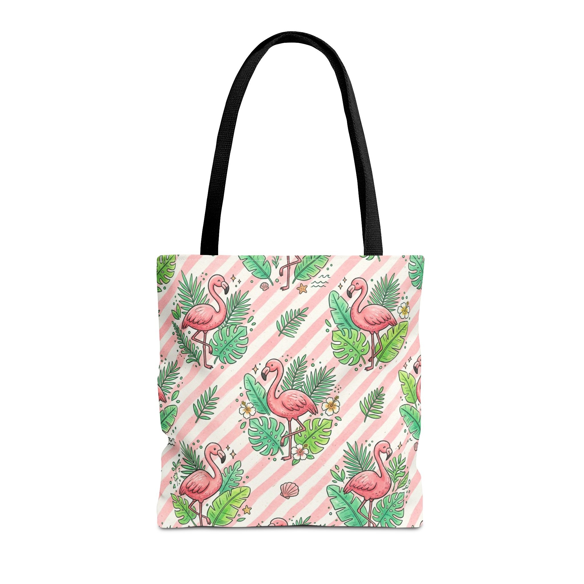 Pink Flamingo Pattern Tote Bag | Tropical Leaves Striped All-Over Print