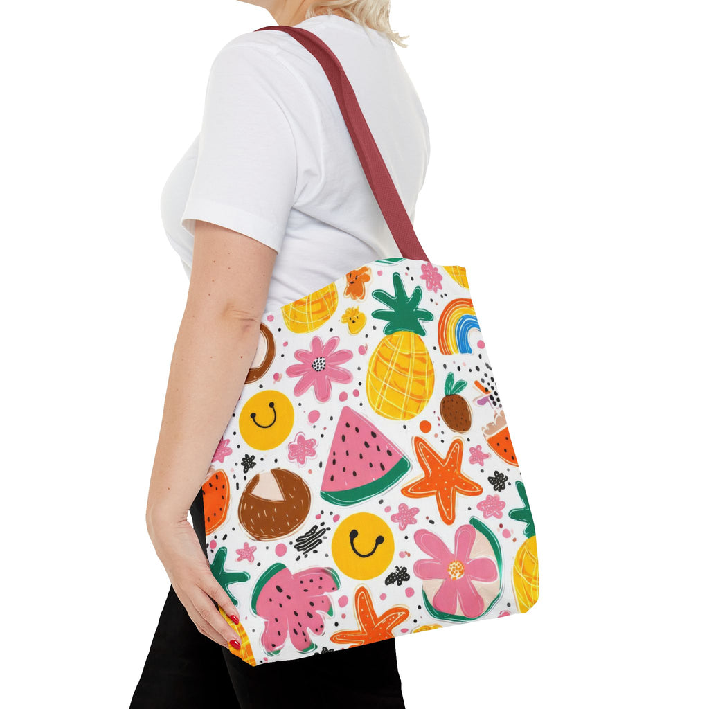 Tropical Fruit Pattern Tote Bag | Pineapple Watermelon Coconut Smiley