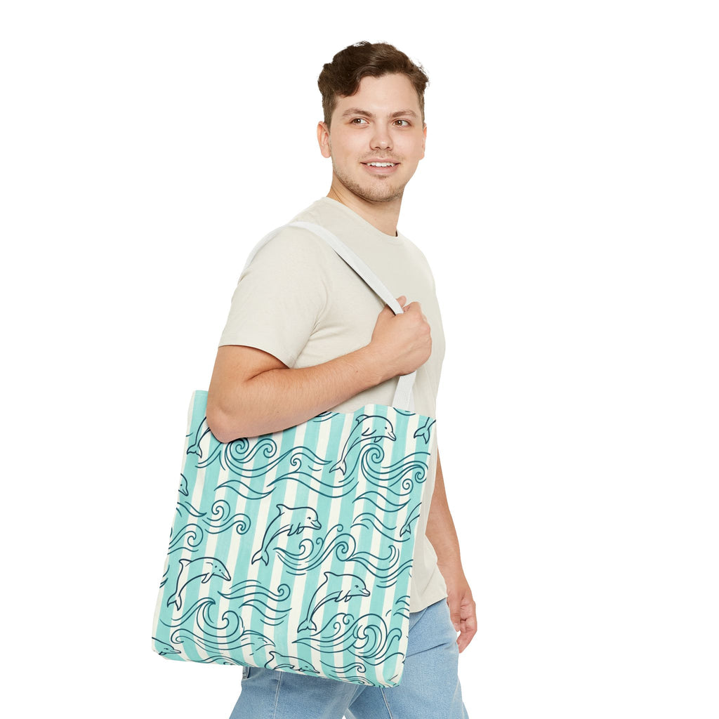 Dolphin Wave Pattern Tote Bag | Aqua Striped Ocean Design