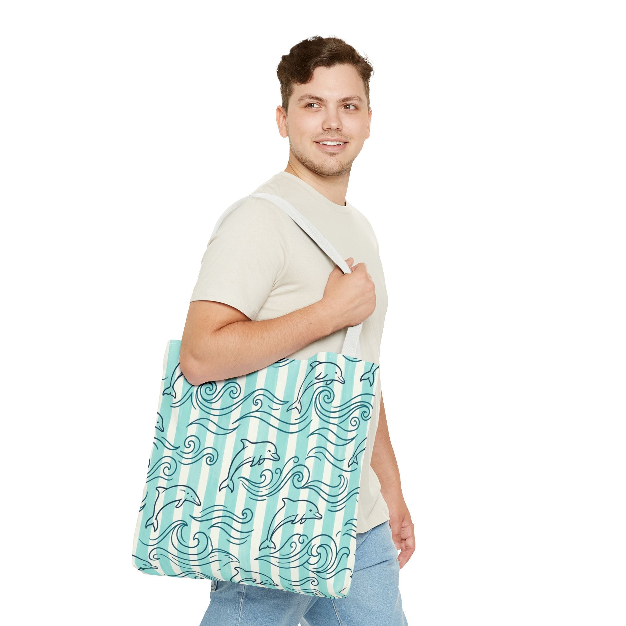Dolphin Wave Pattern Tote Bag | Aqua Striped Ocean Design