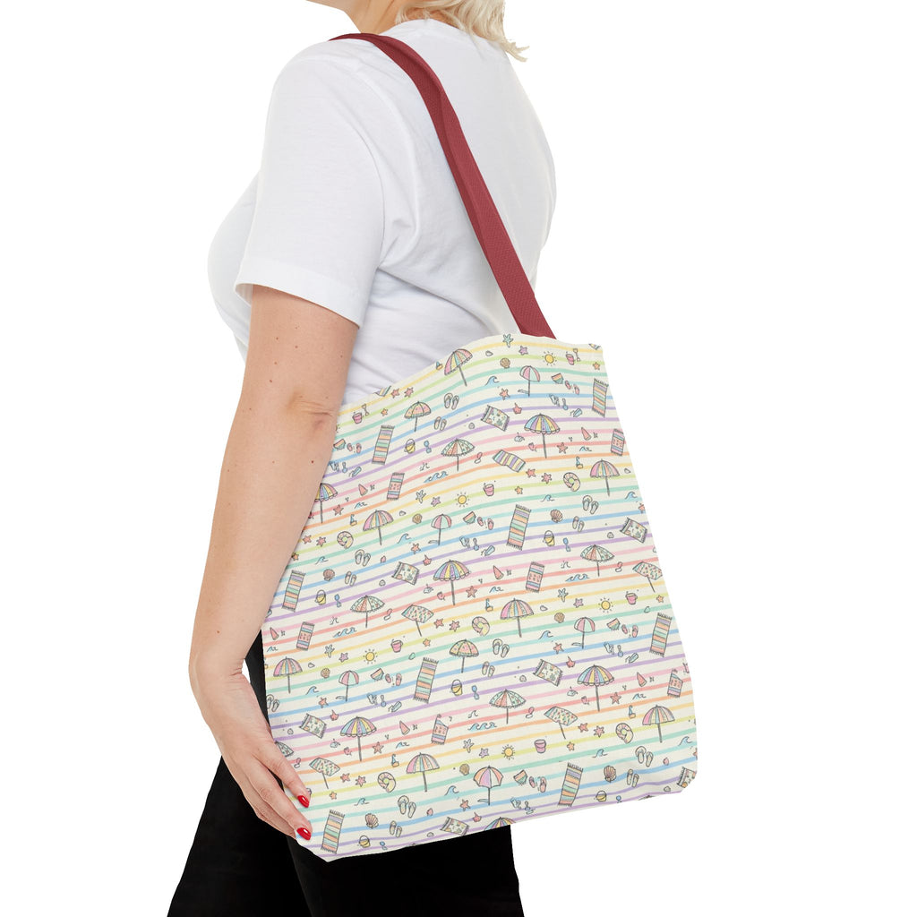 Pastel Beach Pattern Tote Bag | Seashells, Umbrellas, Flip Flops