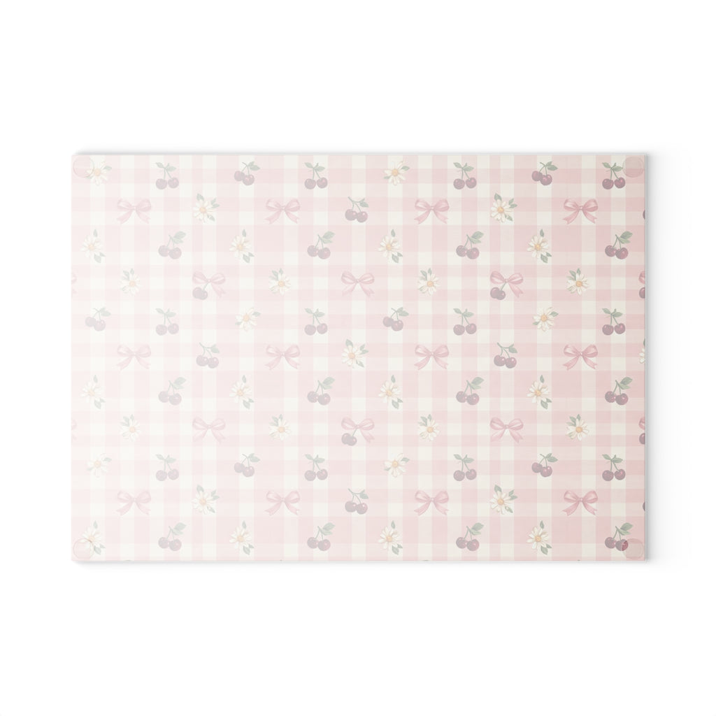 Cherry Bow Plaid Glass Cutting Board | Pink Floral Cherry Pattern