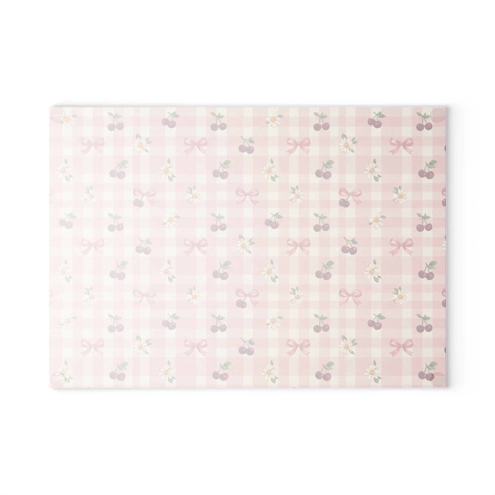 Cherry Bow Plaid Glass Cutting Board | Pink Floral Cherry Pattern