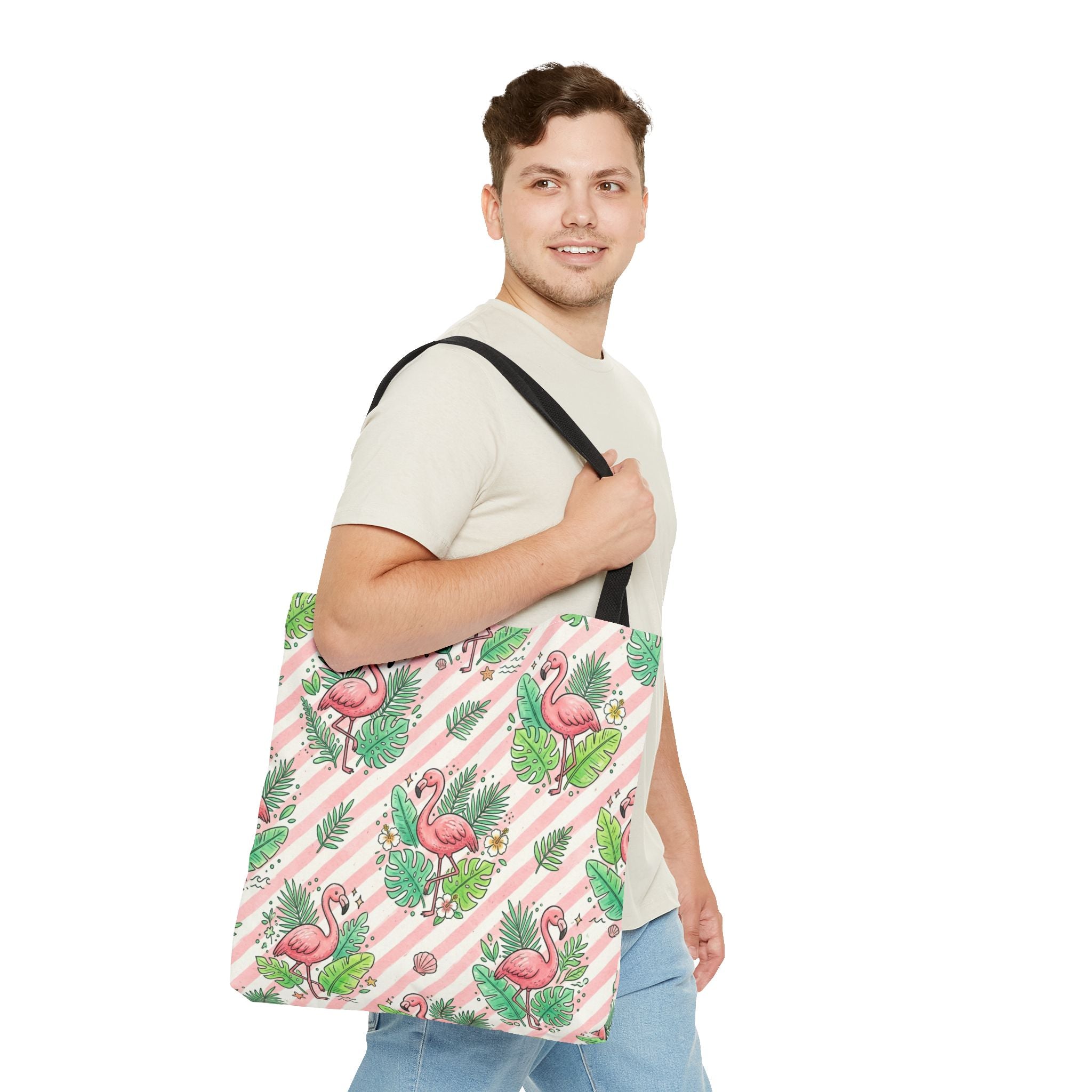 Pink Flamingo Pattern Tote Bag | Tropical Leaves Striped All-Over Print