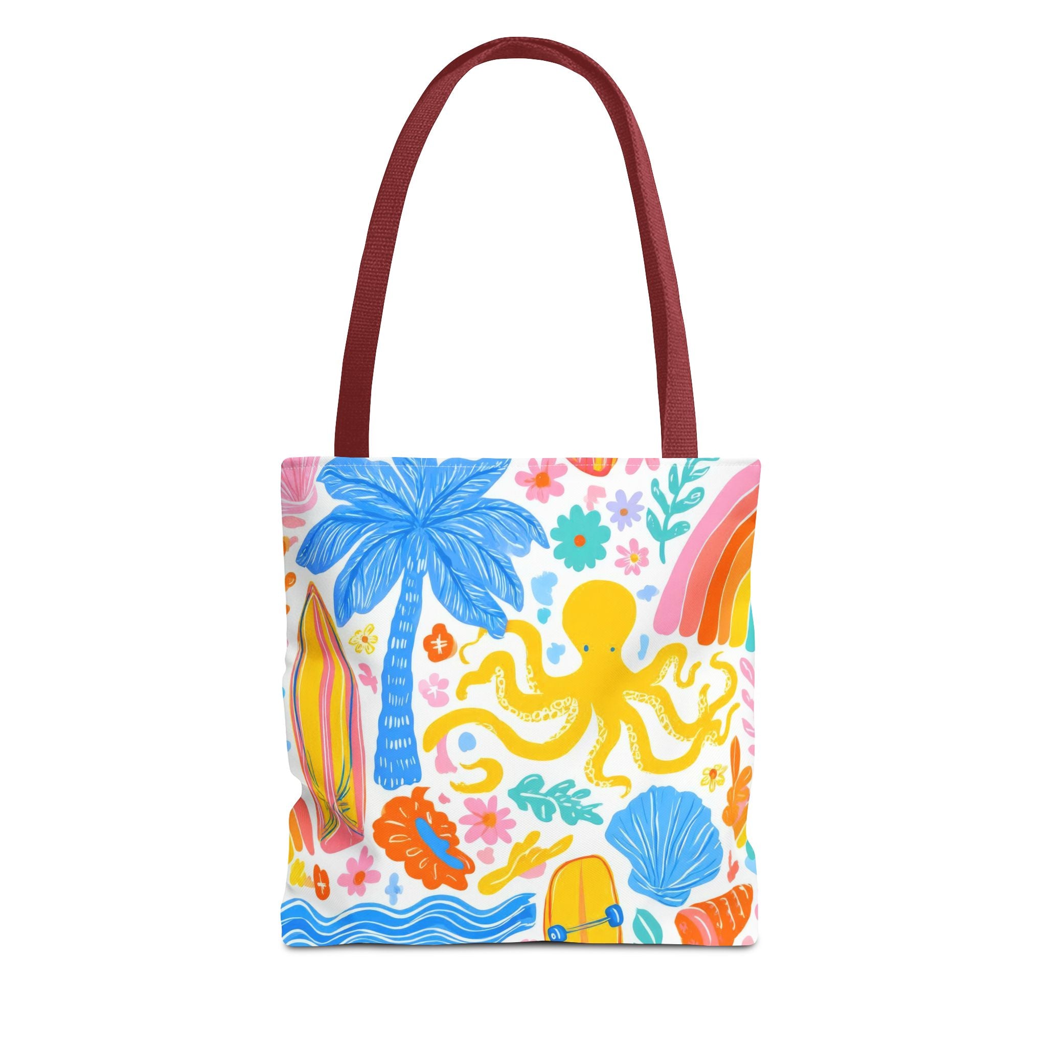 Colorful Beach Octopus Tote Bag | Tropical Palm, Surfboard, Rainbow Print