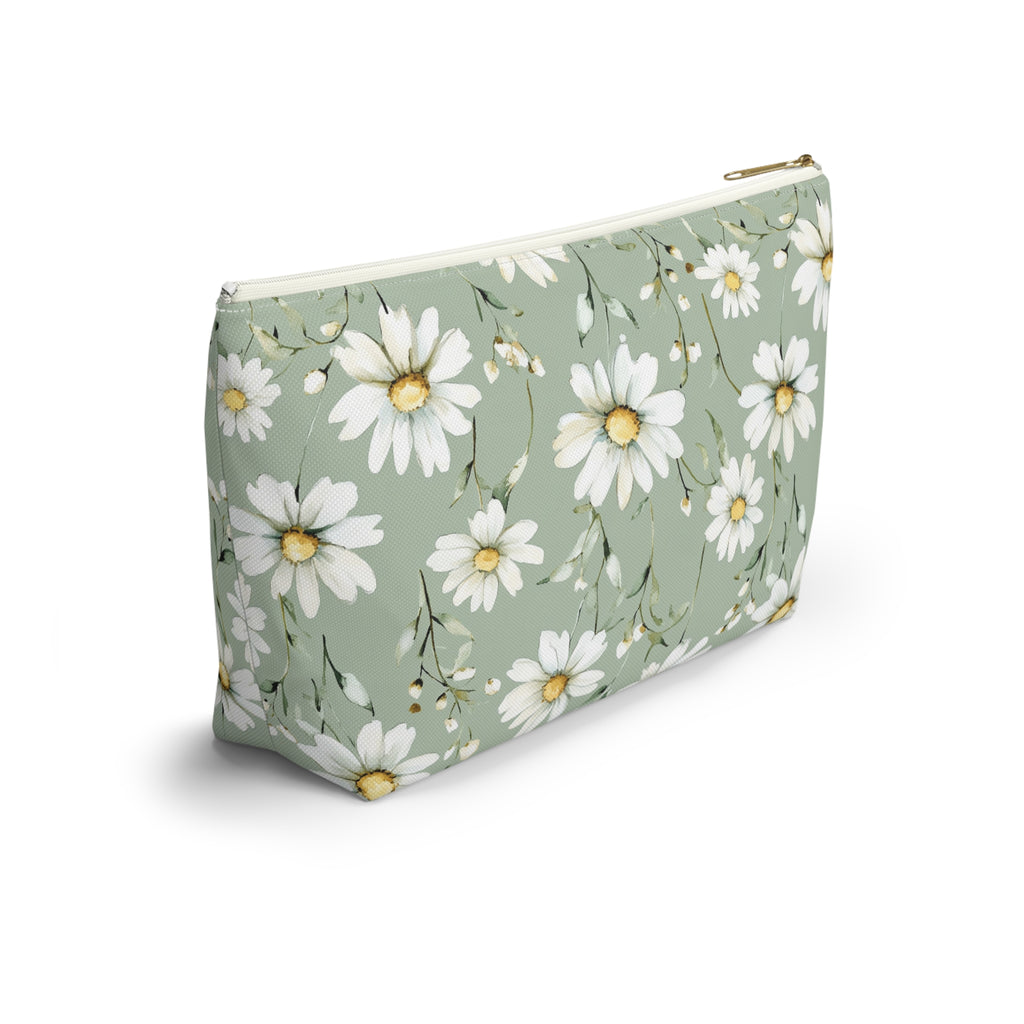 White Daisy Pattern Accessory Pouch | Floral Cosmetic Bag