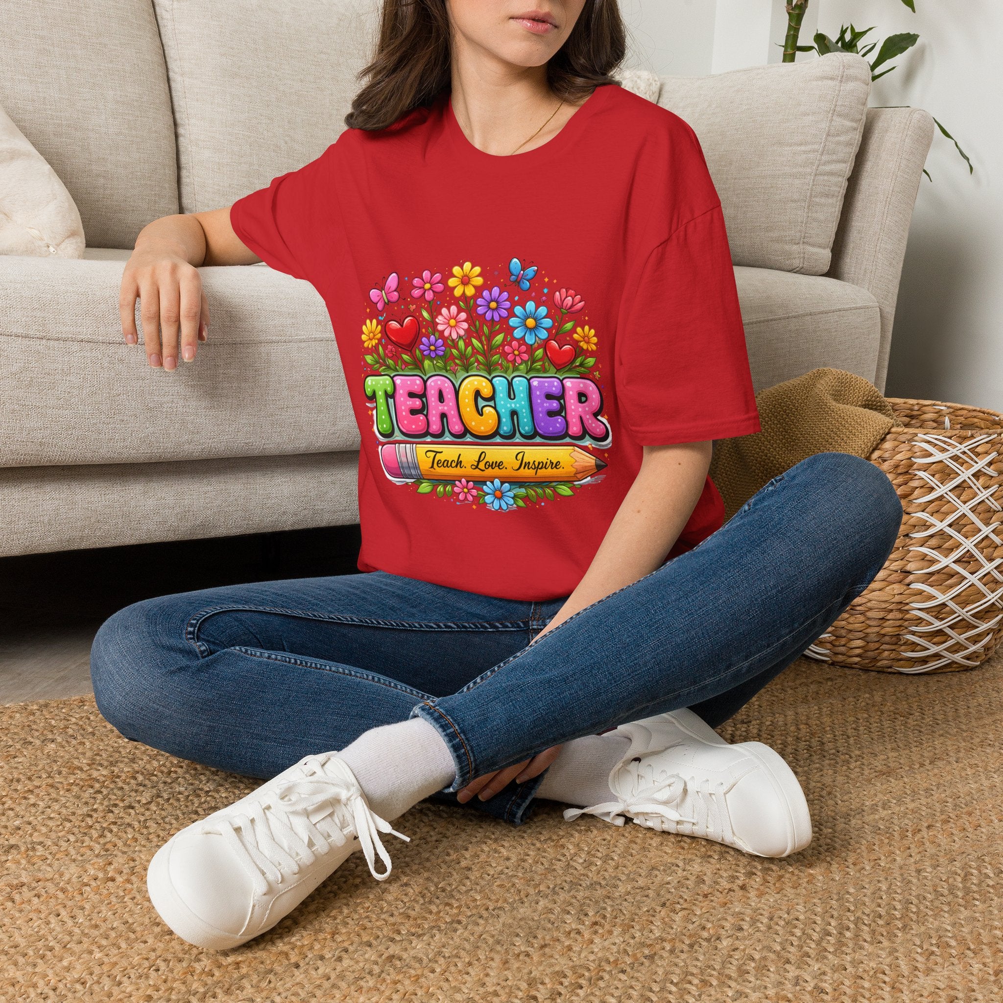 Teacher floral pencil design T-Shirt | Teach Love Inspire, colorful school shirt