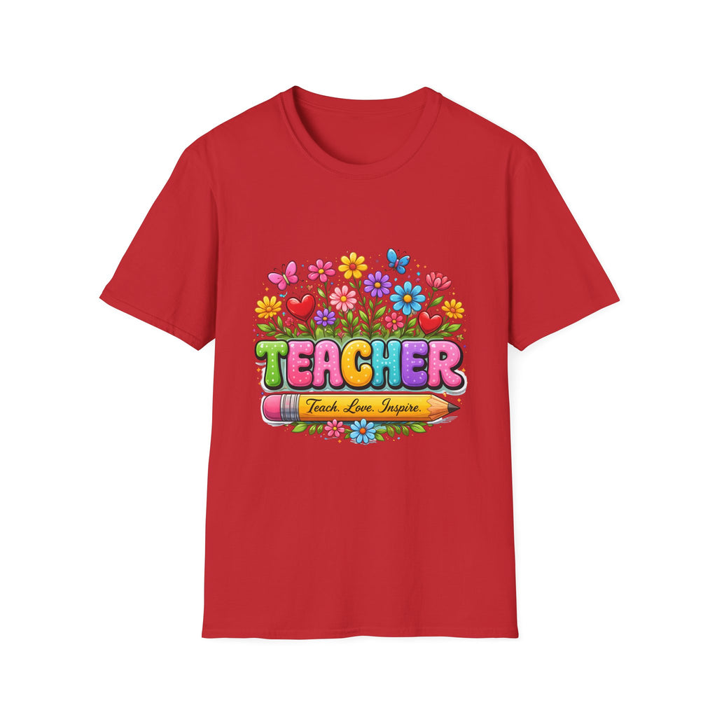 Teacher floral pencil design T-Shirt | Teach Love Inspire, colorful school shirt