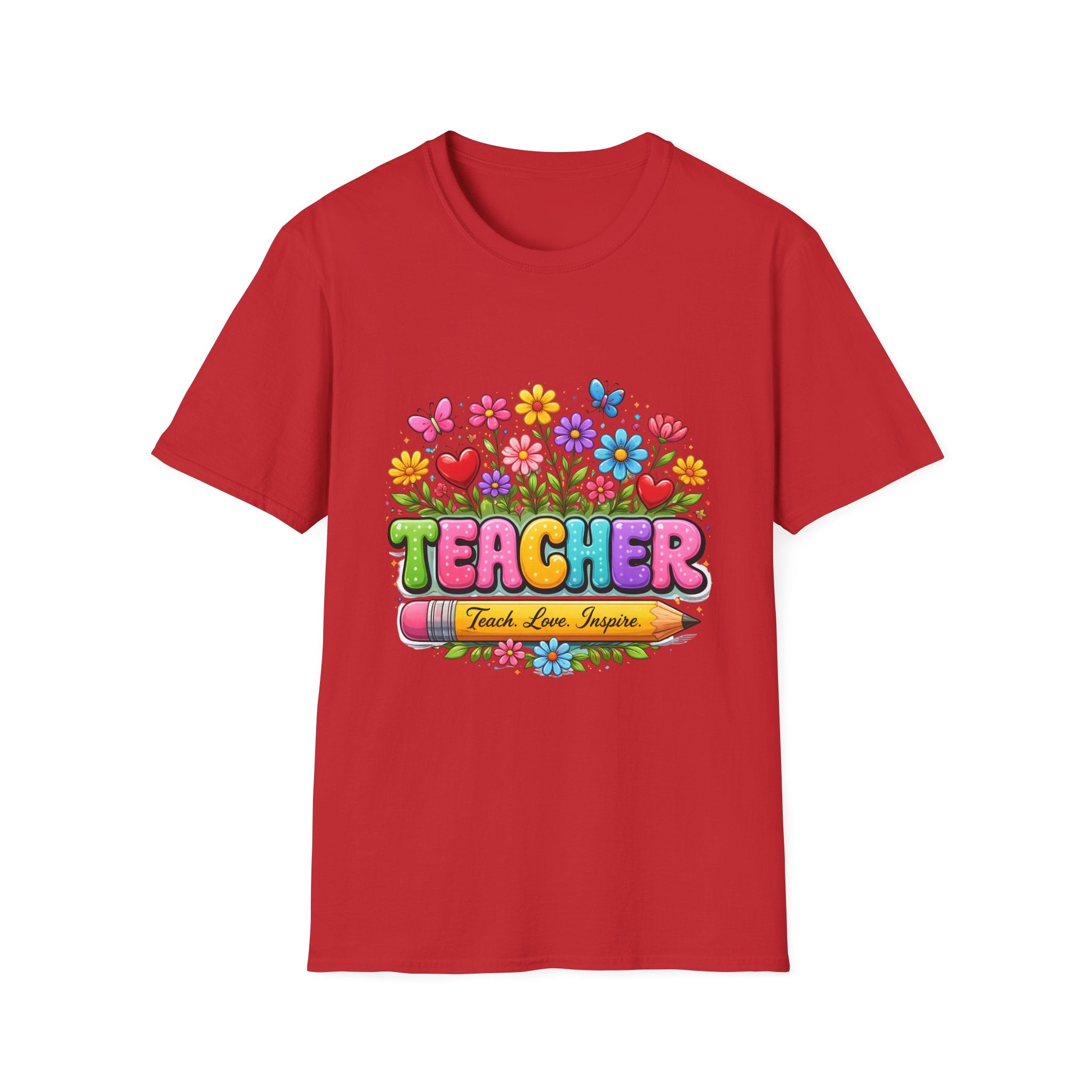 Teacher floral pencil design T-Shirt | Teach Love Inspire, colorful school shirt