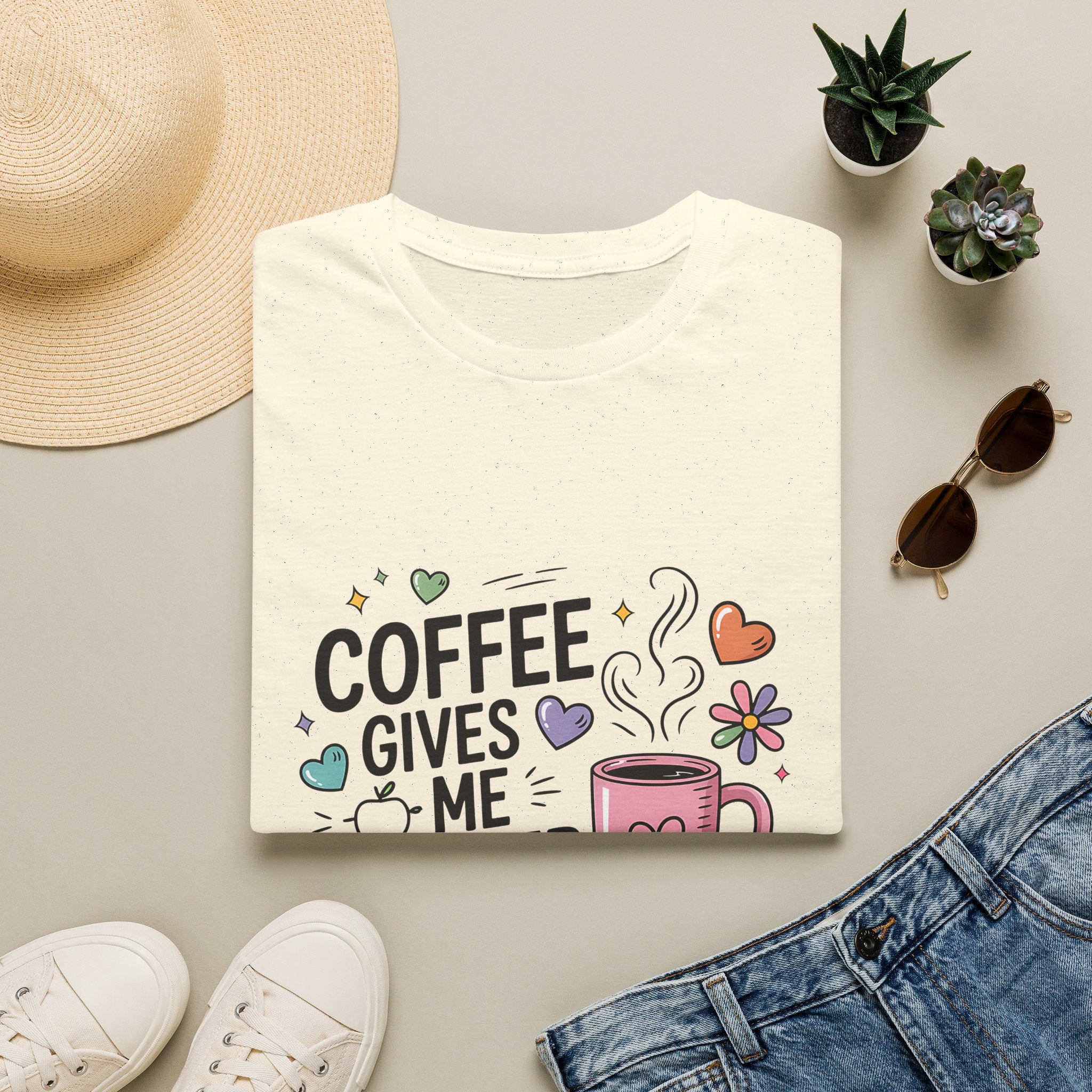 Coffee Gives Me Teacher Power T-Shirt | Teacher Coffee Mug Stack Design