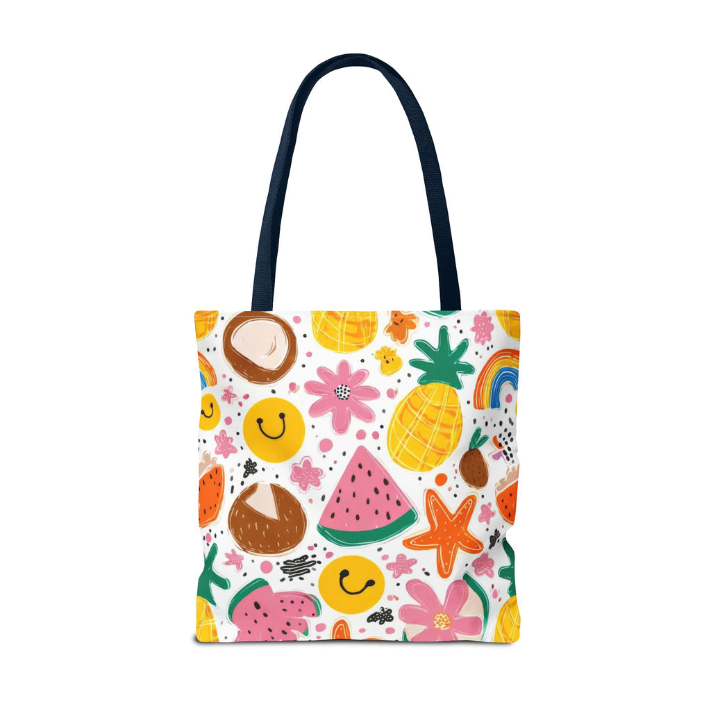 Tropical Fruit Pattern Tote Bag | Pineapple Watermelon Coconut Smiley