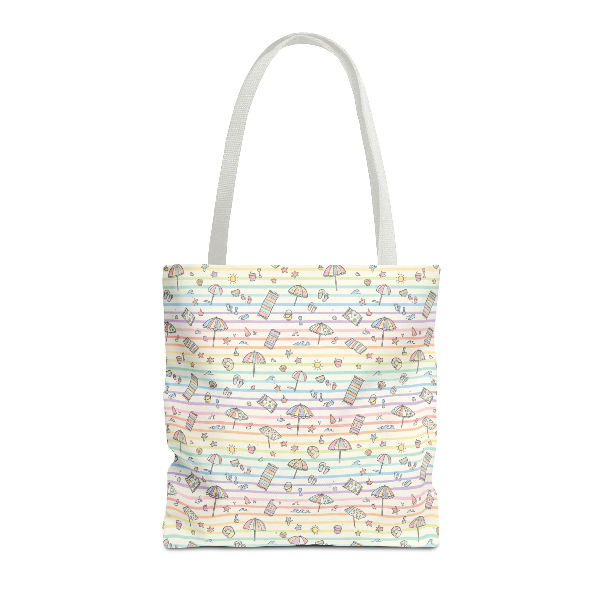 Pastel Beach Pattern Tote Bag | Seashells, Umbrellas, Flip Flops
