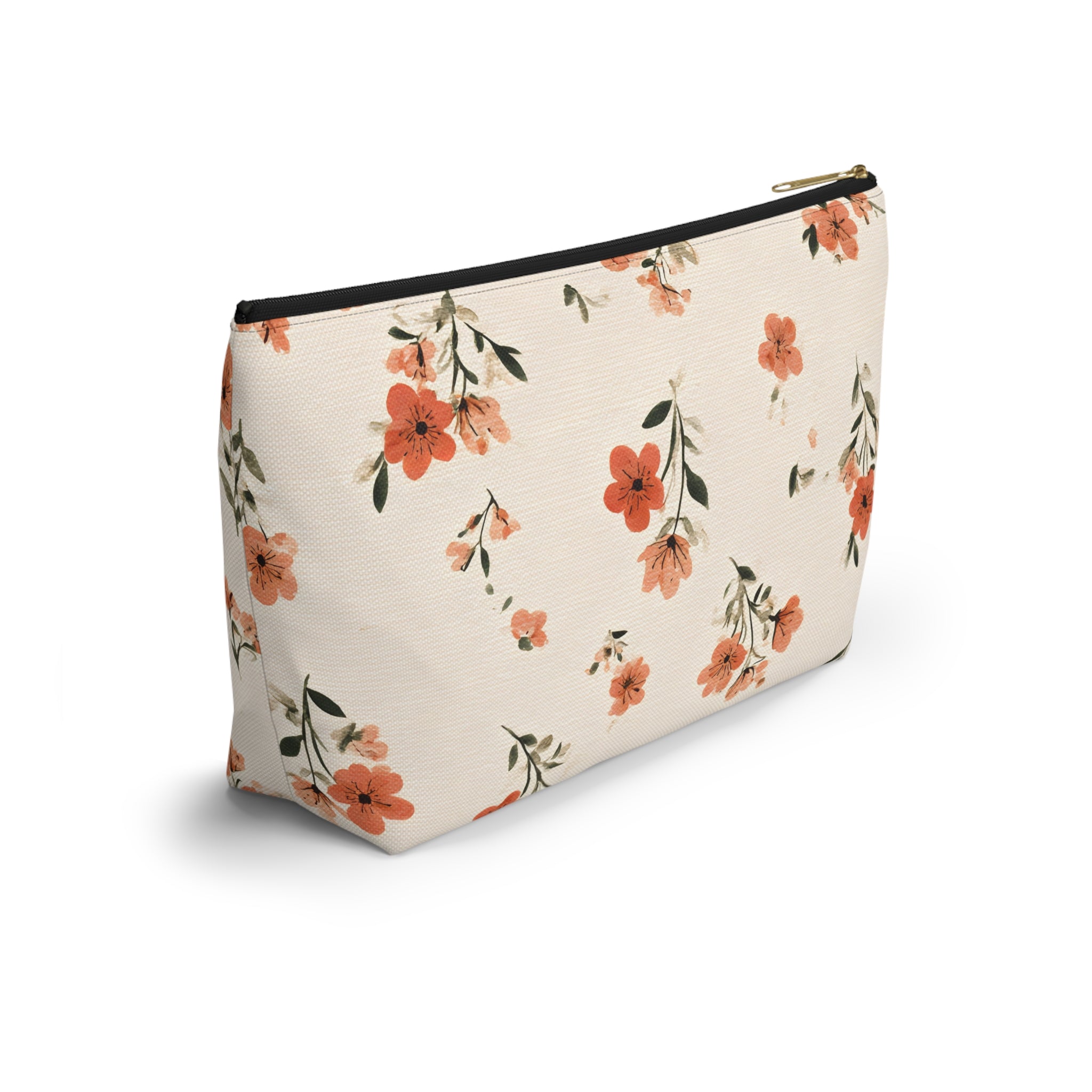 Peach Floral Print Accessory Pouch | T-Bottom Zipper Pouch