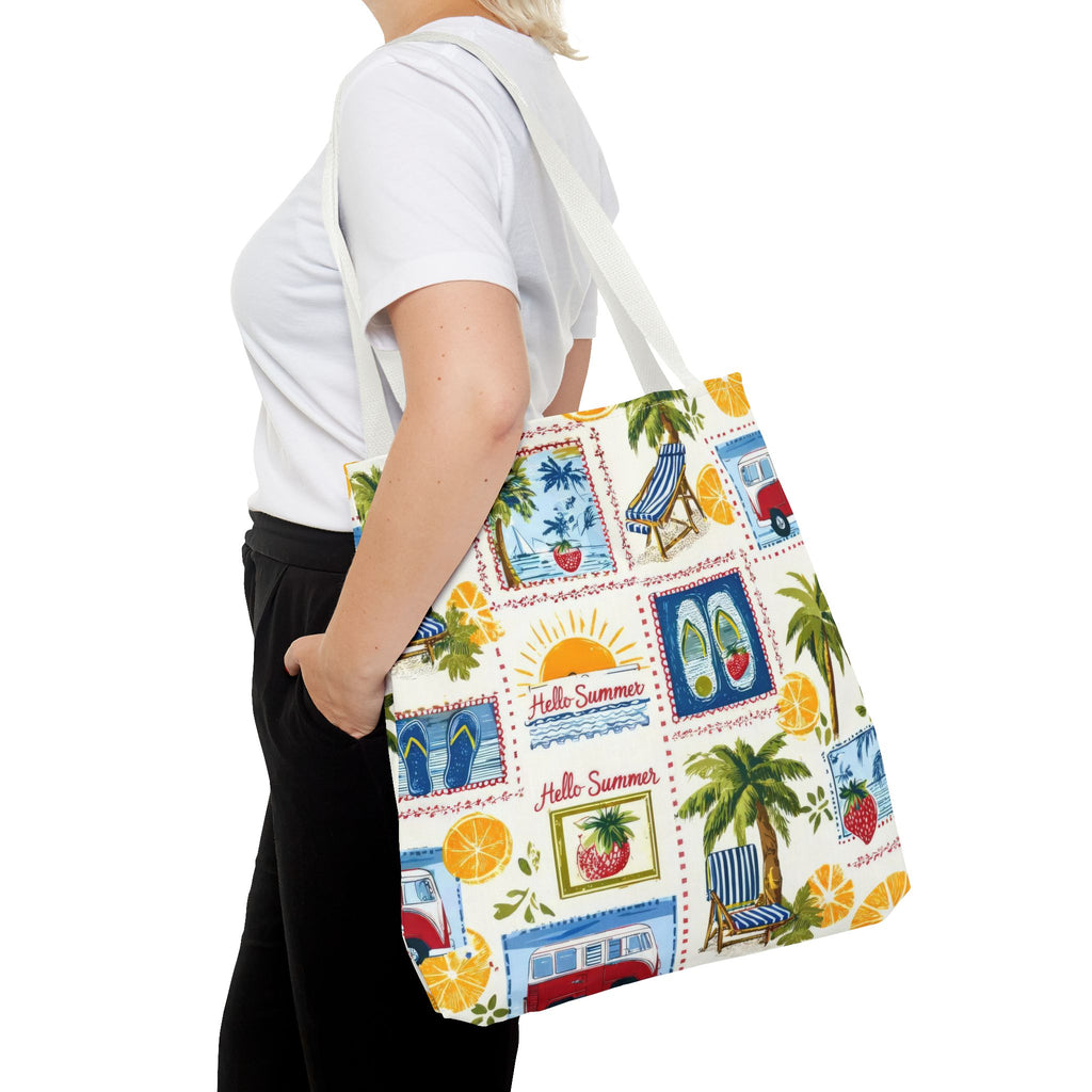 Hello Summer collage Tote Bag | beach palm trees flip flops camper van