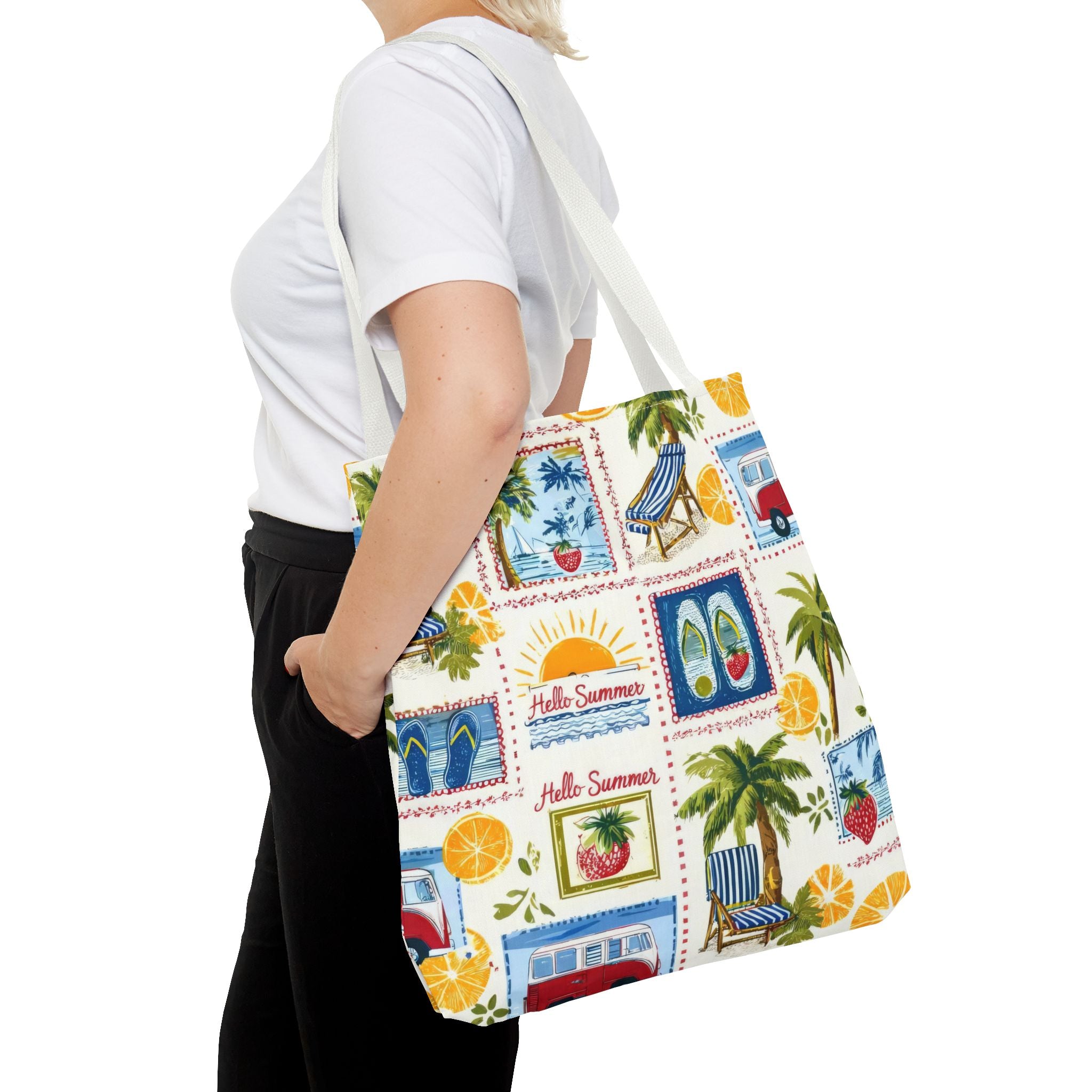 Hello Summer collage Tote Bag | beach palm trees flip flops camper van