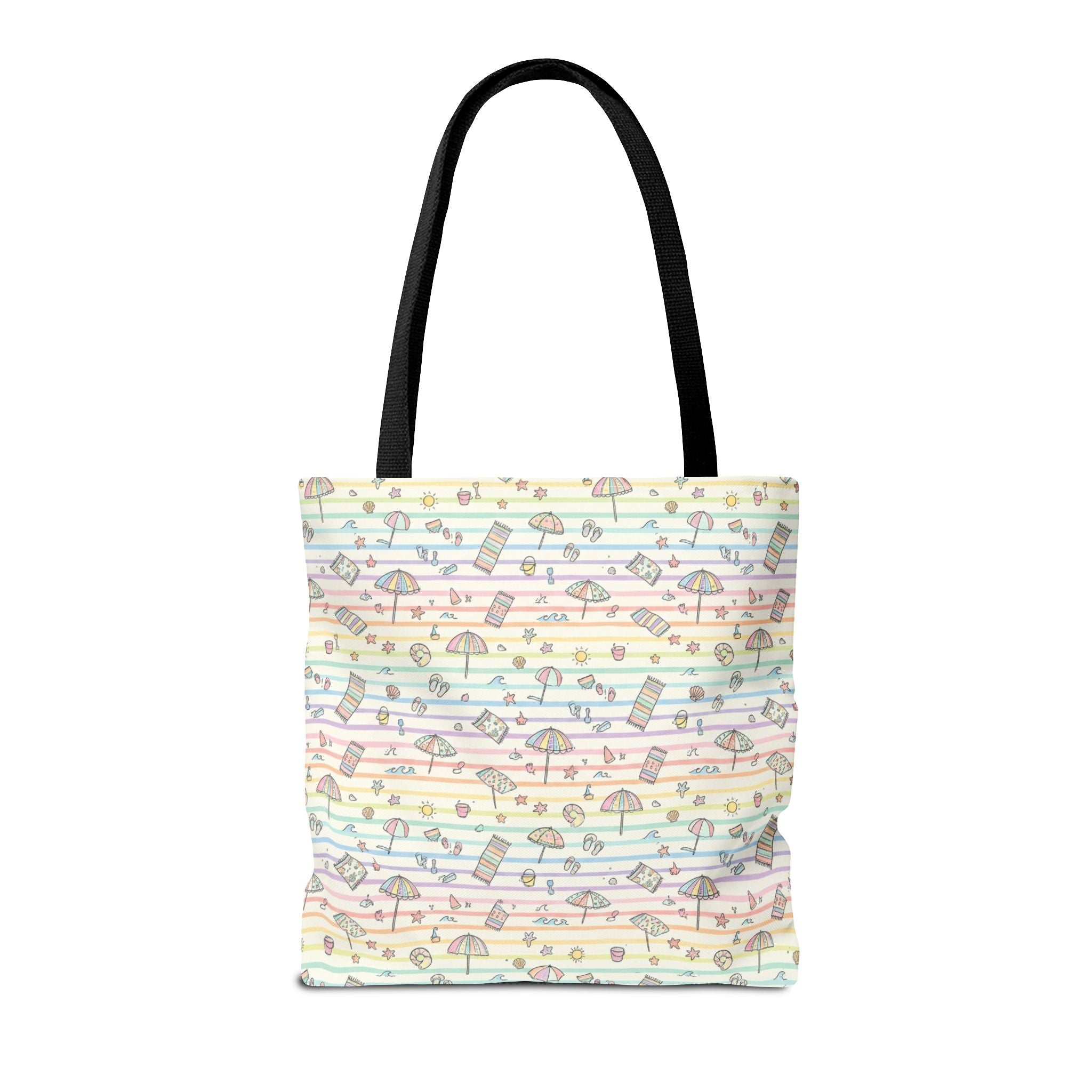 Pastel Beach Pattern Tote Bag | Seashells, Umbrellas, Flip Flops