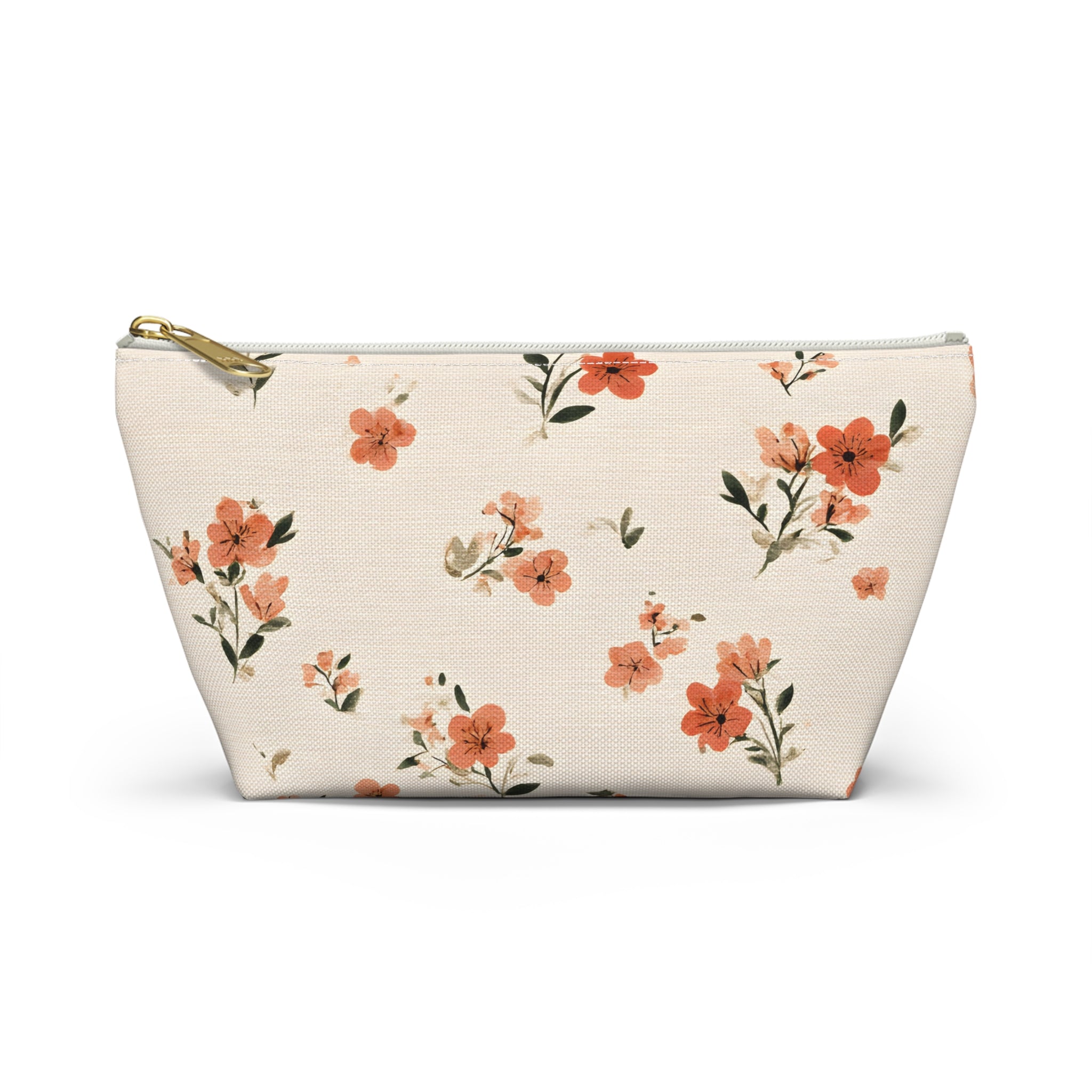 Peach Floral Print Accessory Pouch | T-Bottom Zipper Pouch