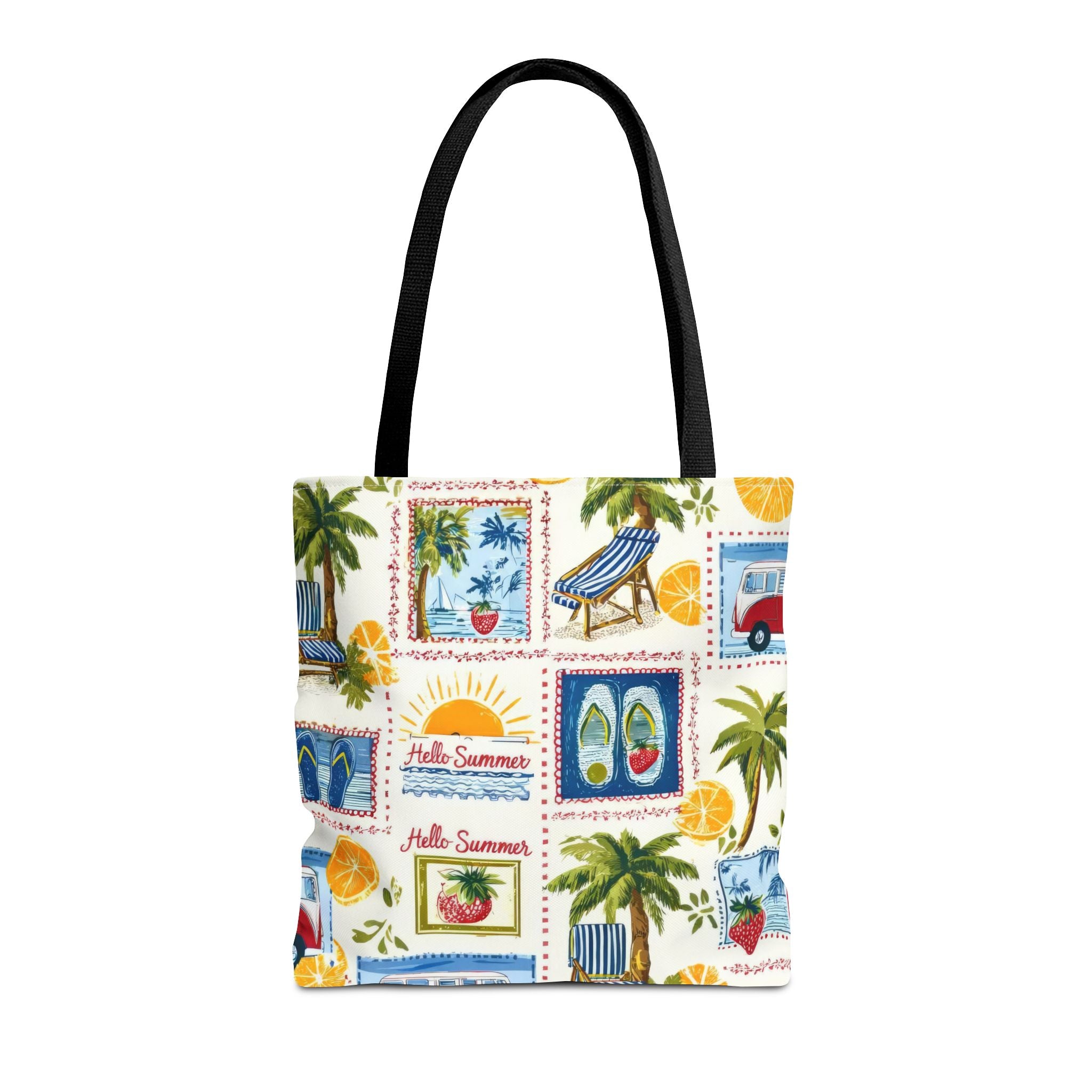 Hello Summer collage Tote Bag | beach palm trees flip flops camper van