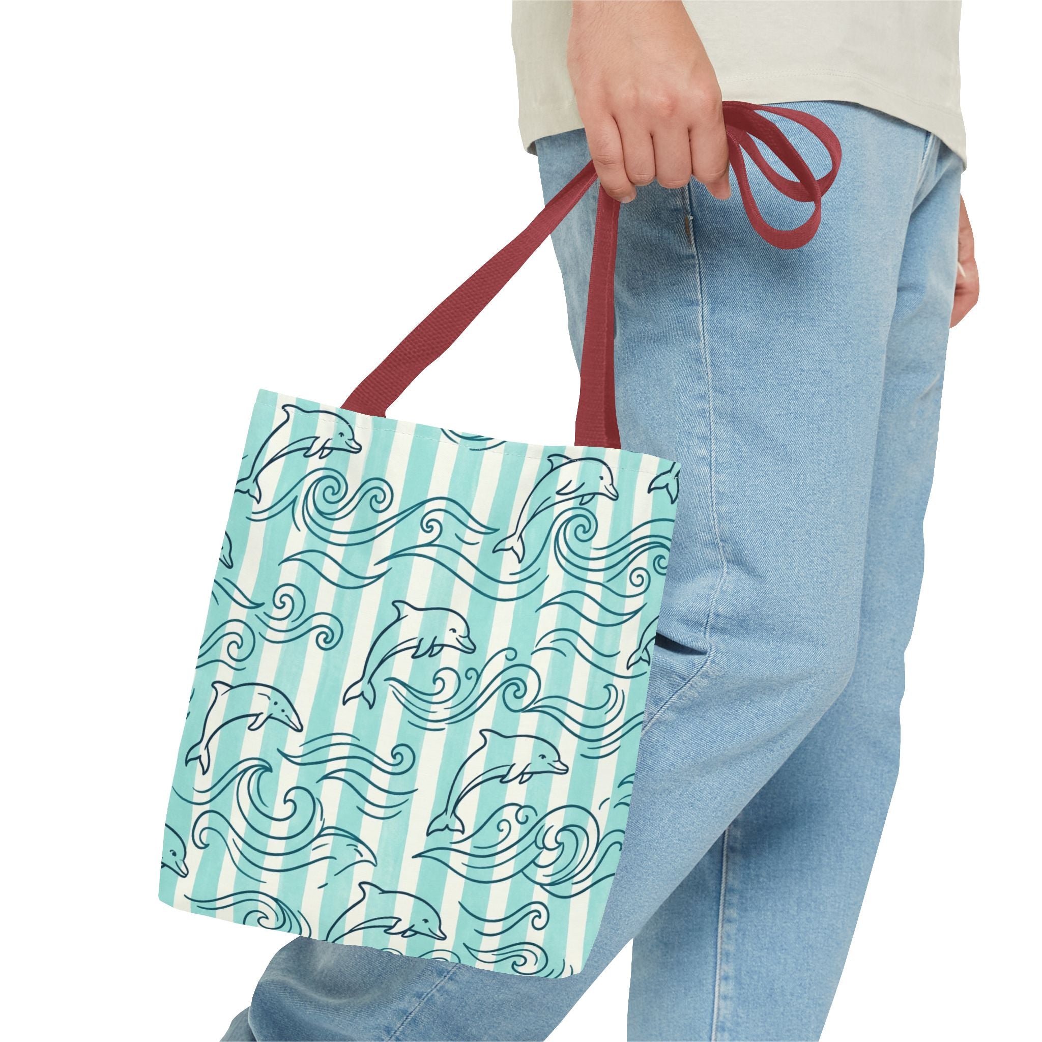 Dolphin Wave Pattern Tote Bag | Aqua Striped Ocean Design