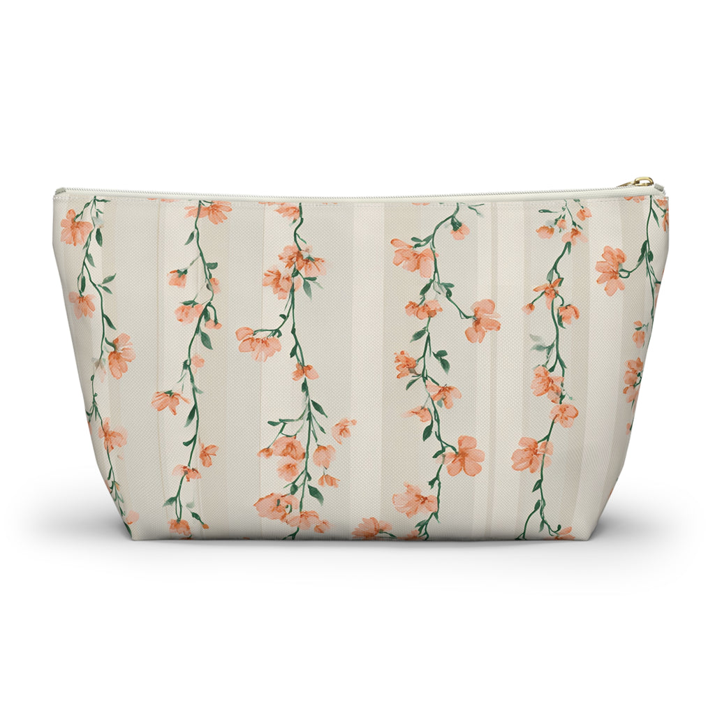 Peach Floral Vines Accessory Pouch | T-Bottom Makeup Bag