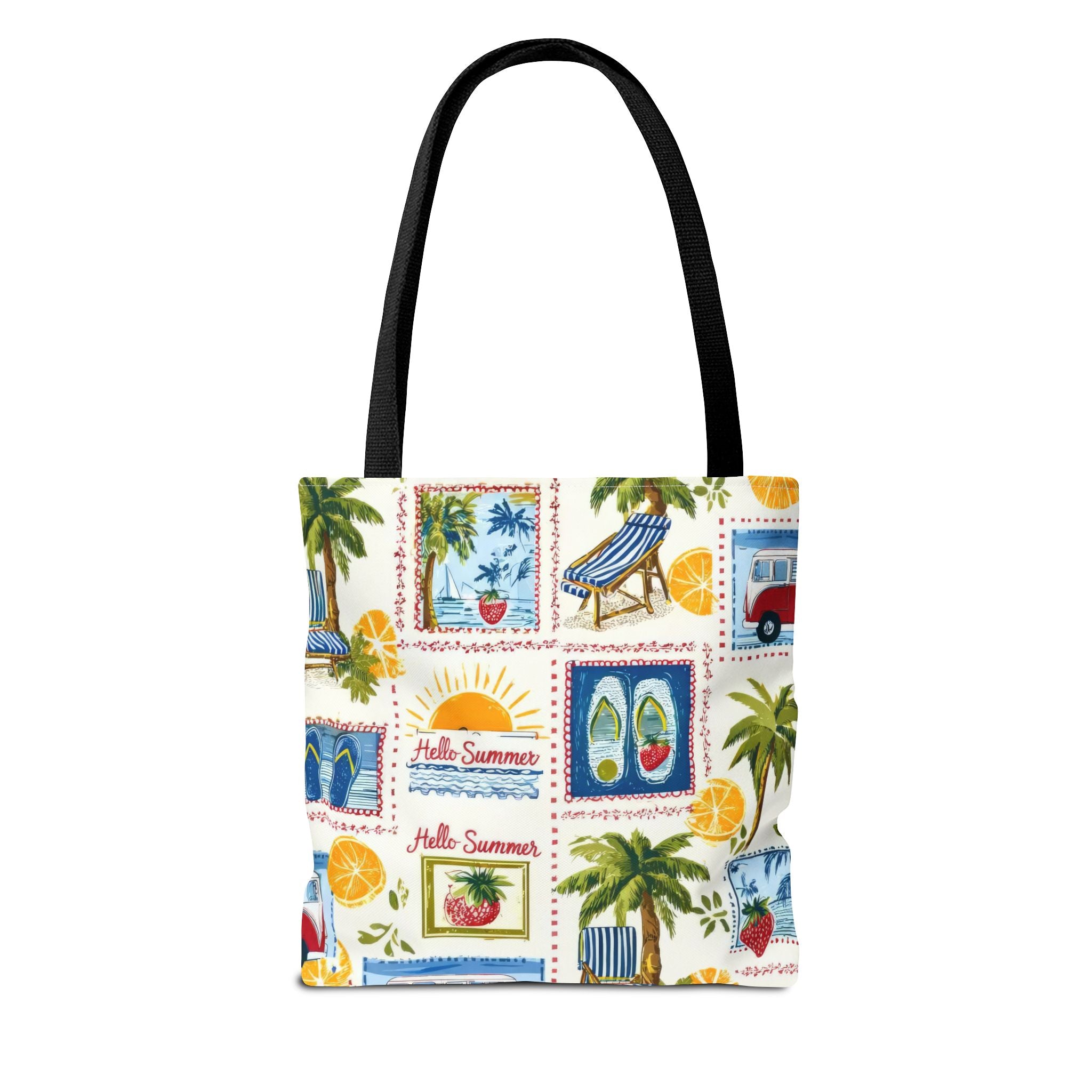 Hello Summer collage Tote Bag | beach palm trees flip flops camper van