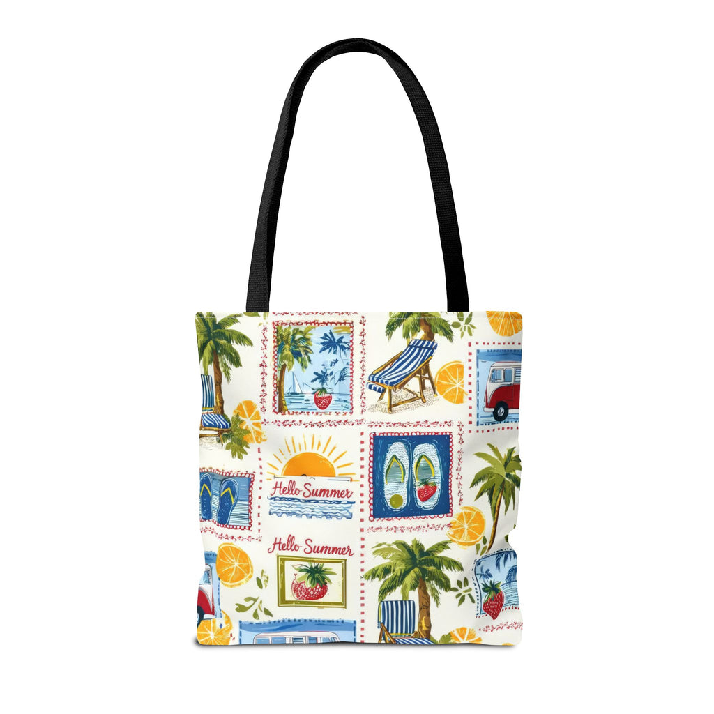 Hello Summer collage Tote Bag | beach palm trees flip flops camper van