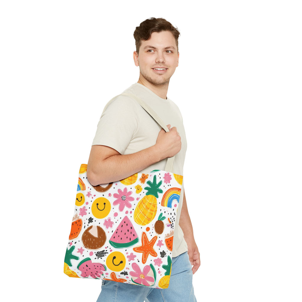 Tropical Fruit Pattern Tote Bag | Pineapple Watermelon Coconut Smiley