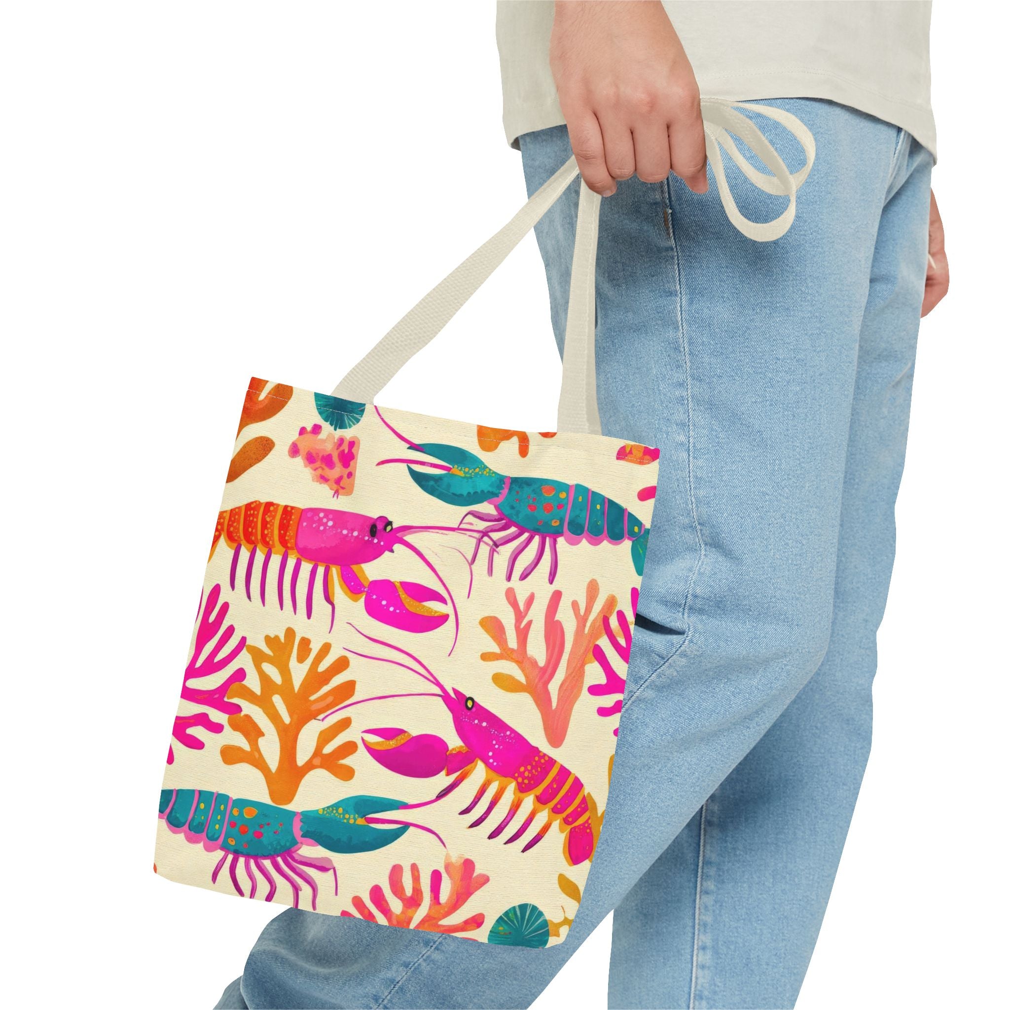 Colorful Lobster Pattern Tote Bag | Tropical Sea Life Coral Print