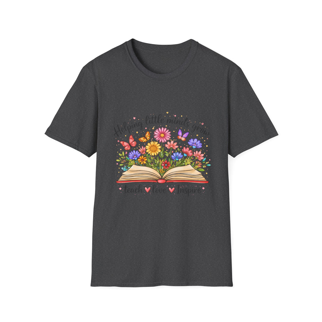 Helping Little Minds Grow T-Shirt | Teach Love Inspire, Floral Open Book Design