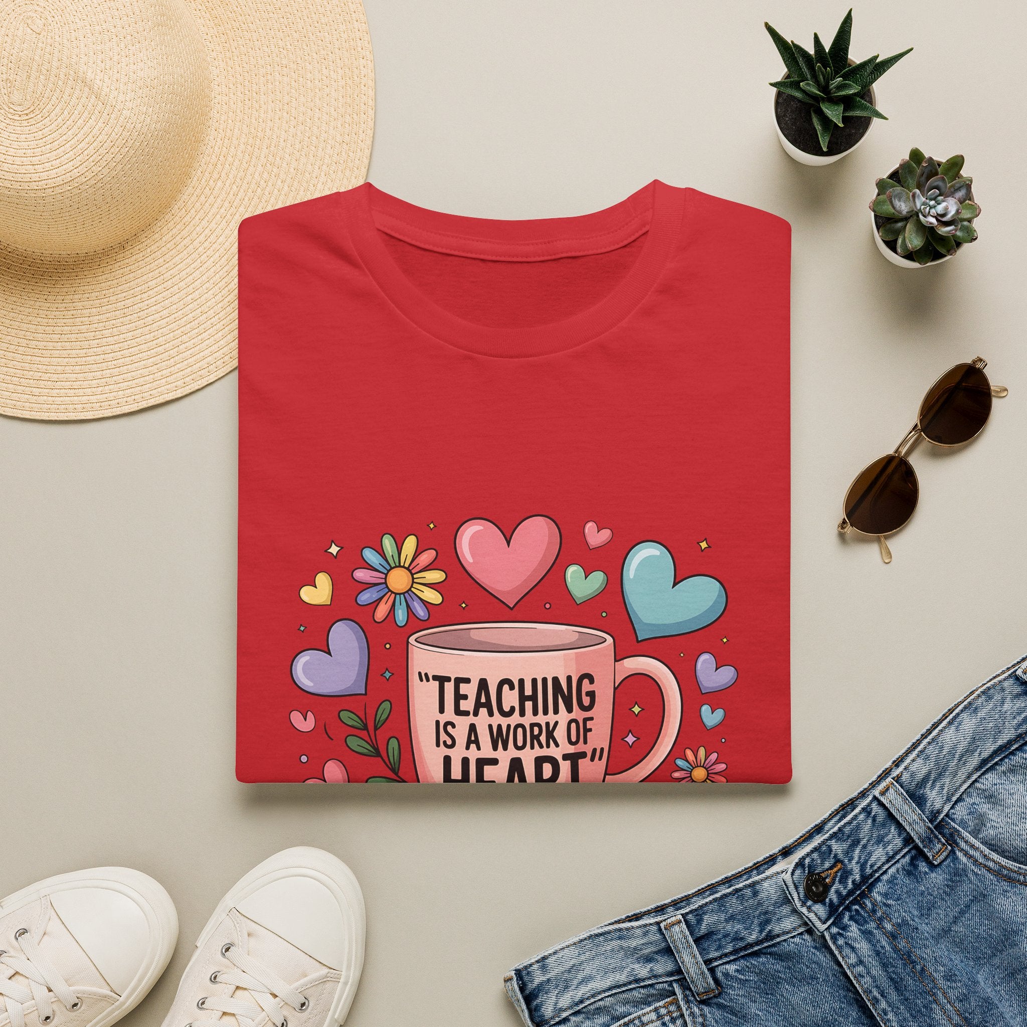 Teaching Is a Work of Heart T-Shirt | Teacher Mug and Books Design