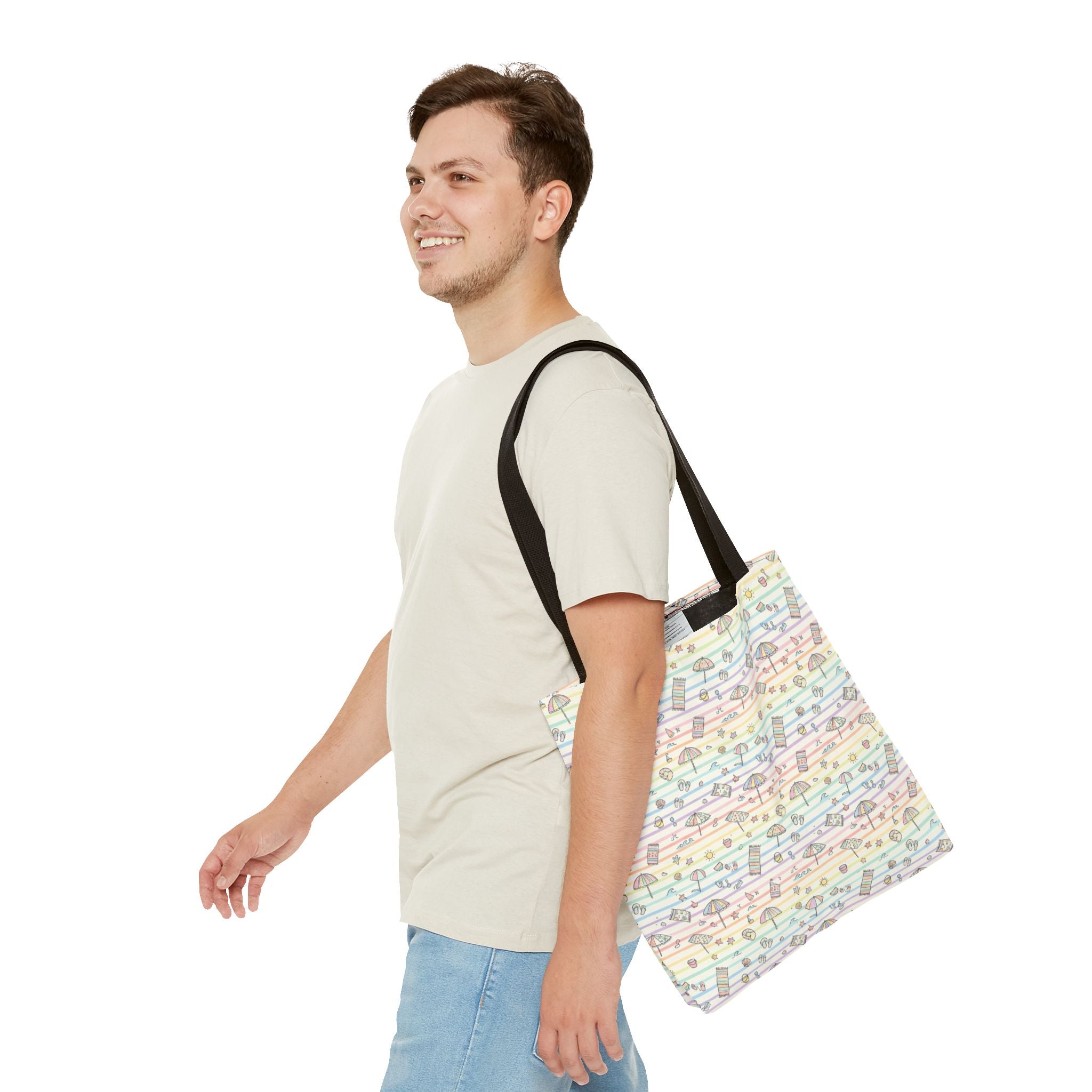 Pastel Beach Pattern Tote Bag | Seashells, Umbrellas, Flip Flops